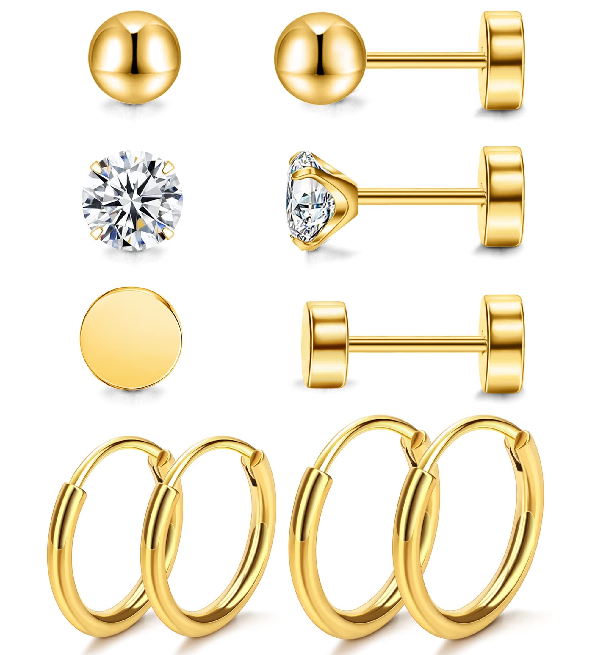 Staligue 5 Pairs Titanium Earrings - Dot Ball Cubic Zirconia 20 Gauge Pure Titanium Stud Hoop Earrings Set - Flat Back for Women