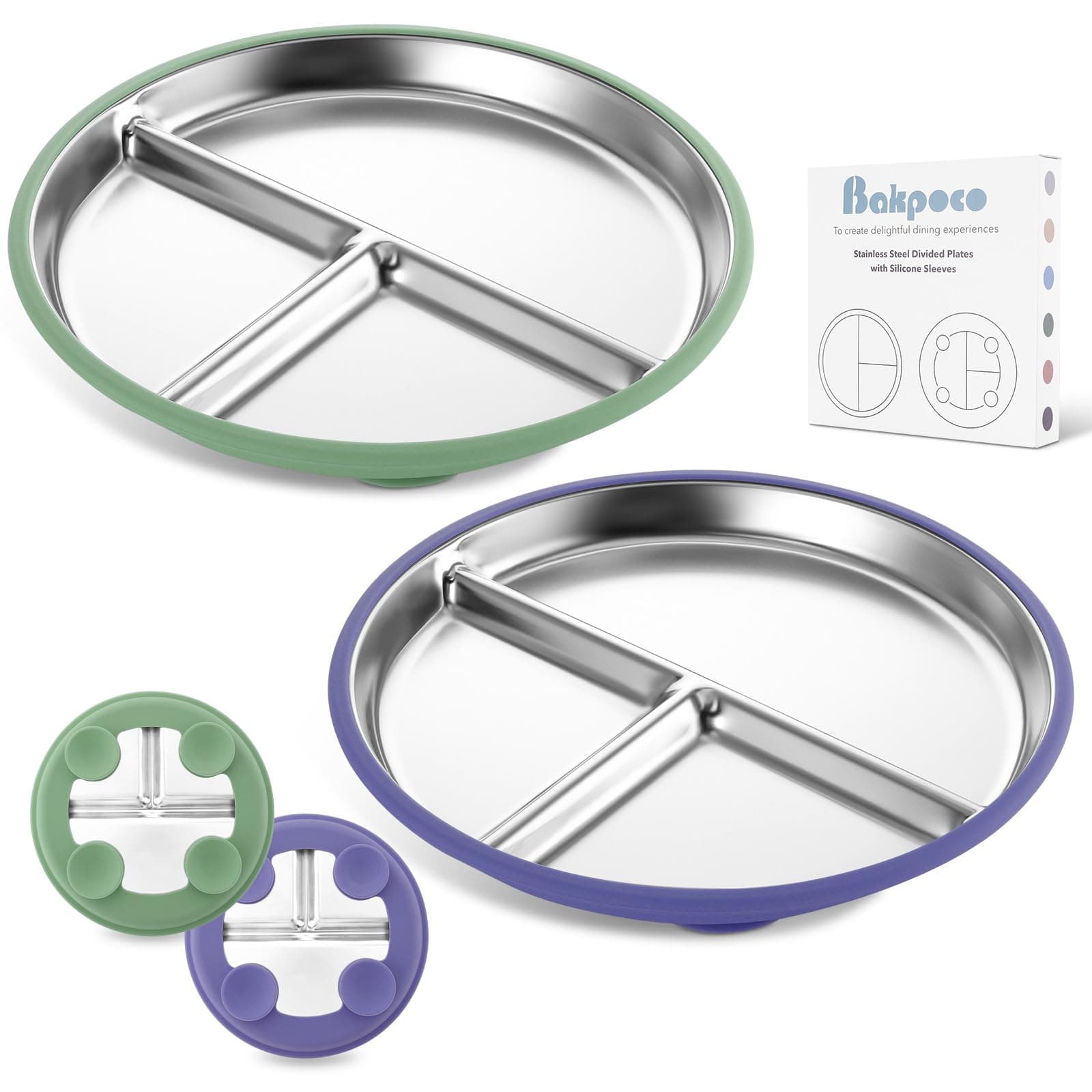 Stainless Steel Toddler Plate with Suction, 9” Divided Plates with Removable Silicone Sleeves for Baby, Non Toxic & BPA Free | Non Slip | Unbreakable Kids Snack Dishes Set of 2, Green & Purple
