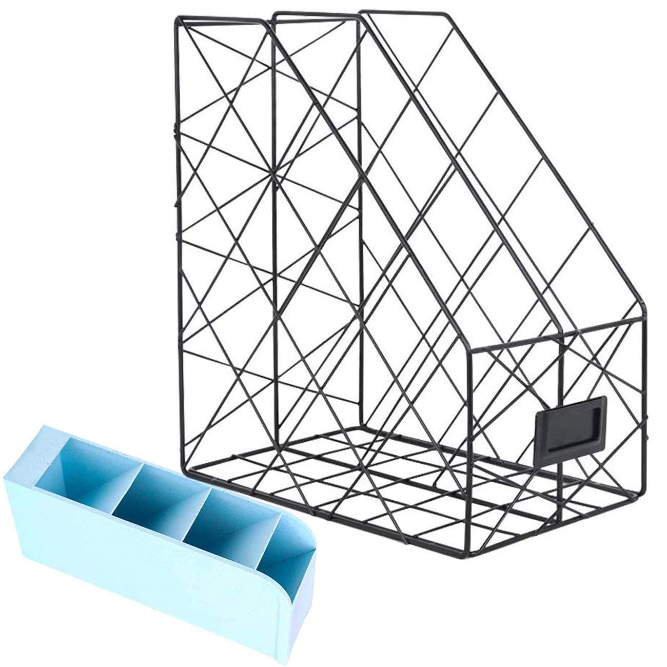 GBYAN 2-Slot Magazine File Holder with Pencil Cup Desktop Document Organizer Wire Metal File Rack for Office and Home, 2 Pack