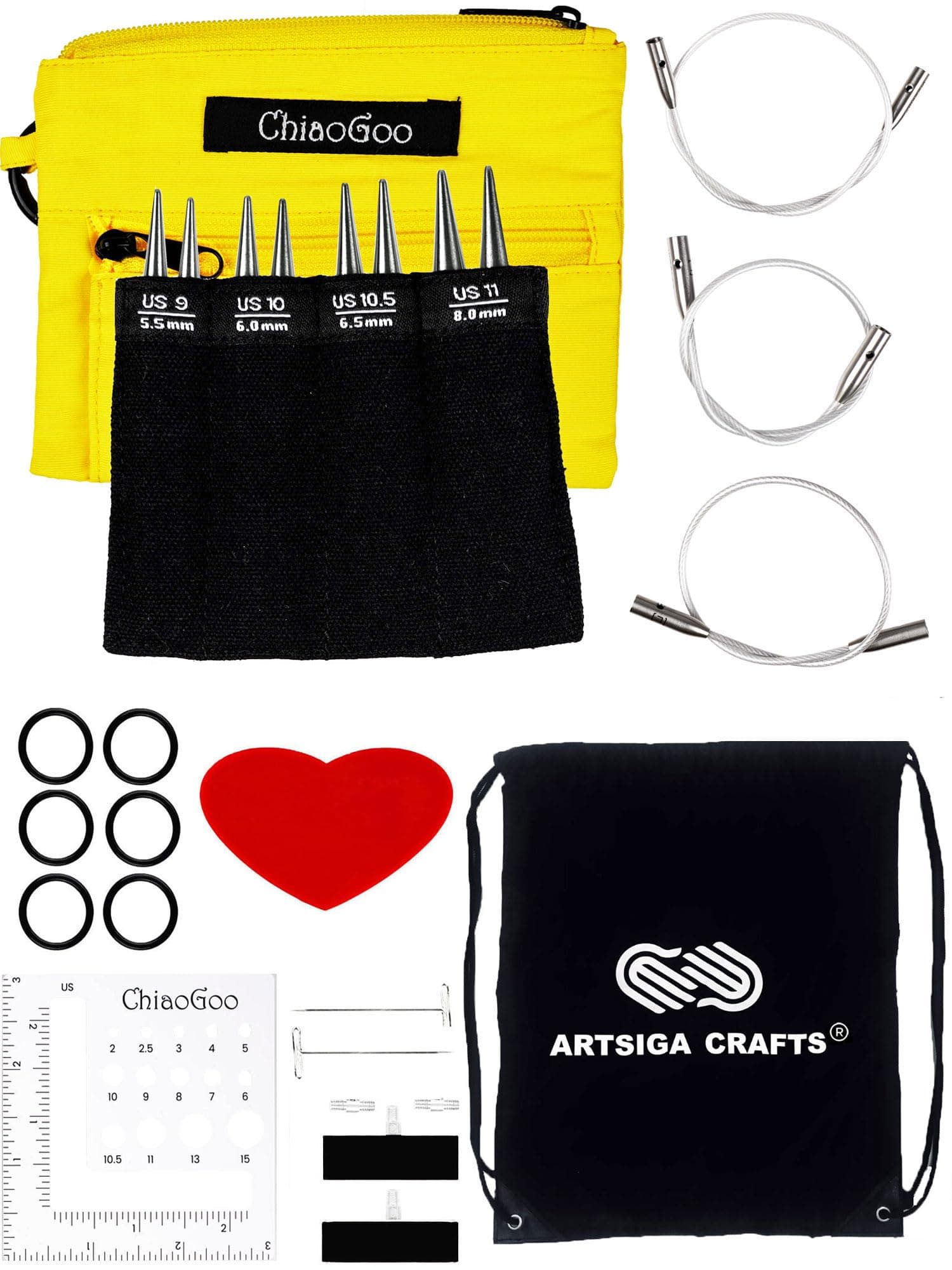 ChiaoGoo Twist Red Lace Shorties 3-Inch Large Yellow 7230-L Interchangeable Knitting Needle Set, US 9, 10, 10.5, 11 Stainless Steel with 3 Swiv360 Cables with Project Bag