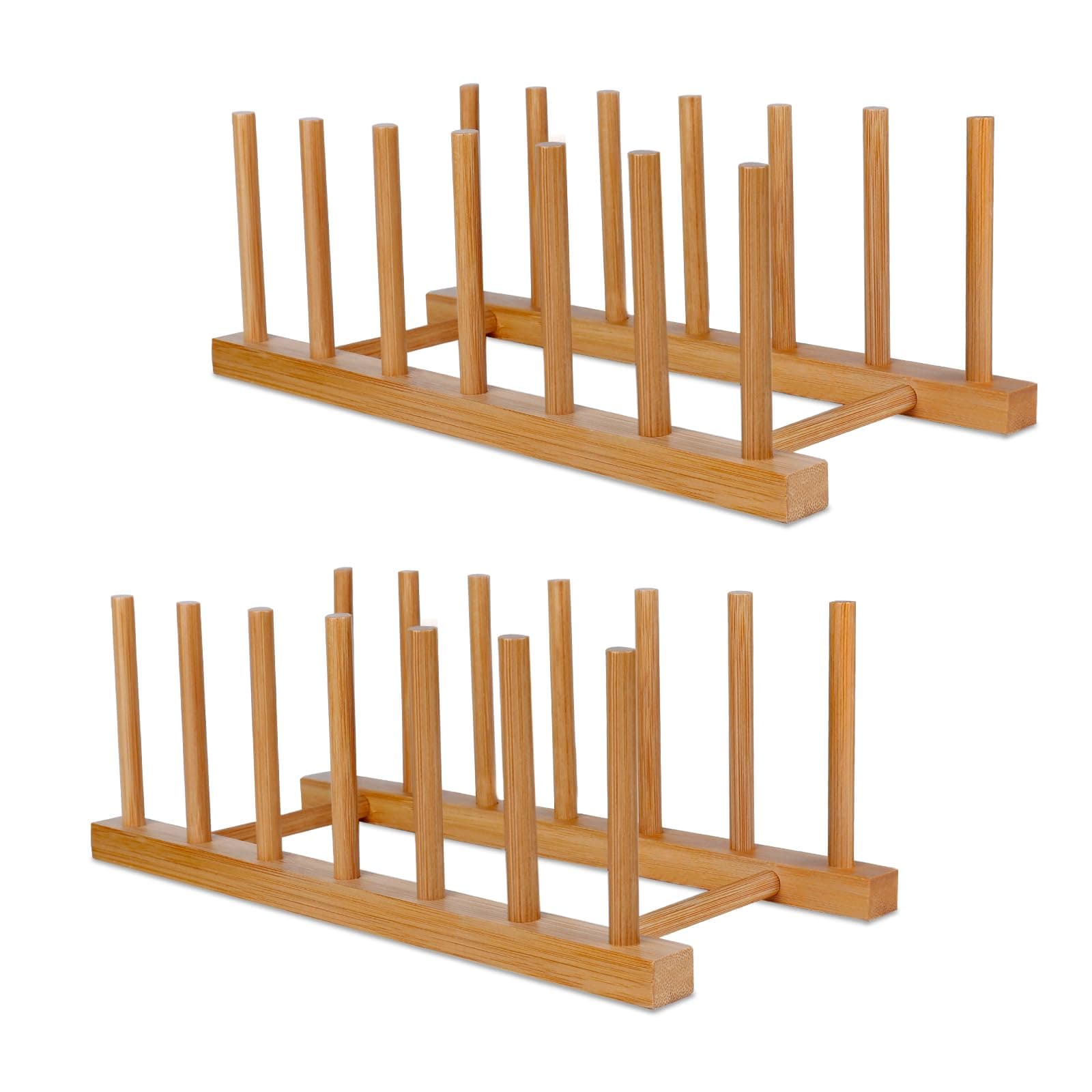 Bamboo Wooden Plate Racks Dish Stand Holder Vertical Drainer Kitchen Cabinet Organizer for Dish, Pots, Lids, Bowls, Cups, and Cutting Boards and Books(2 Packs)