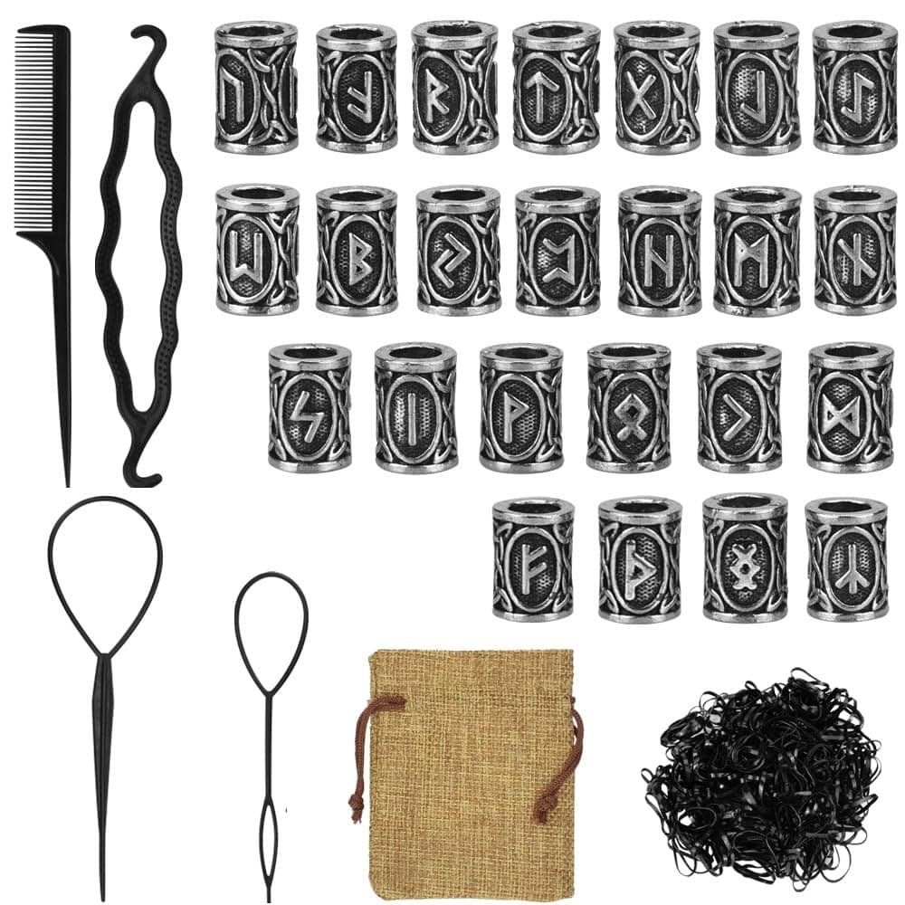 Beard Beads for Men,24 Piece Vikings Runes Beads Norse Dreadlock Bead Hair Tube Bead with Rubber Band,Plastic Bun Curler Pull Hair Pin Quick Beader with Pouch for Men Women Braiding Ties