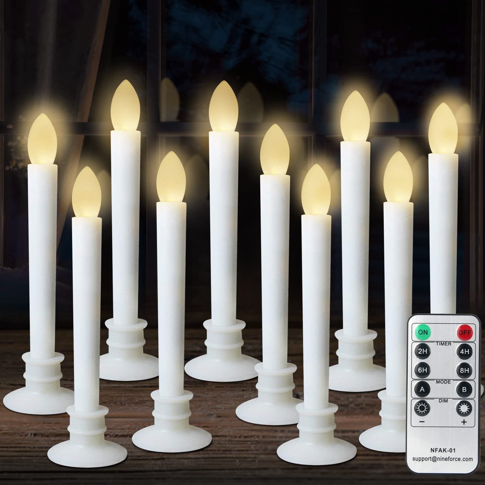 Window Candles with Remote and Timers - Battery Operated Taper Candles Flickering Flameless Led Electric Candle with Ivory Candles Holders - 10 Pack