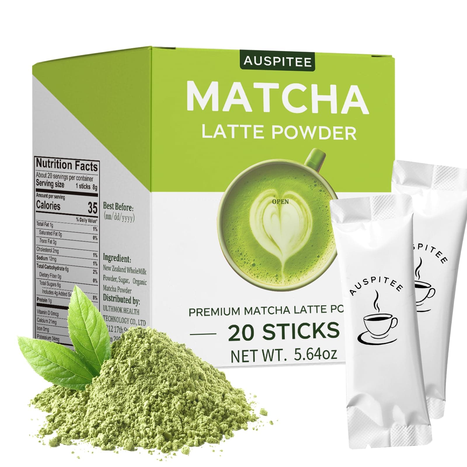 Matcha Latte Green Tea Powder Single Pack, Premium Barista Science Blend - Individual Matcha Bags (20)