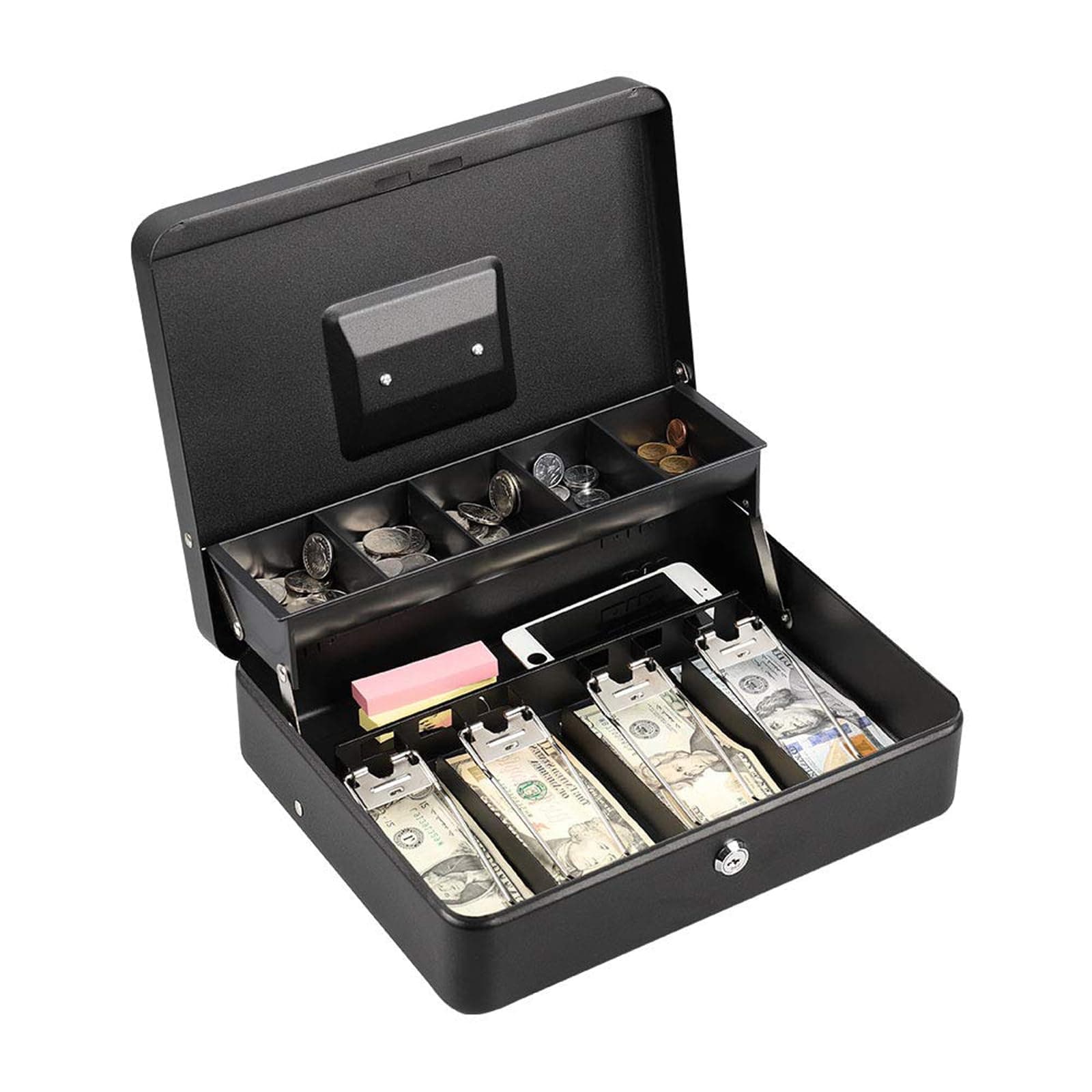Metal Cash Box Lockable Money, Coin and Note Security Box Large Cash Box with Lock - New Metal Money Tin 100% Safe, 30 cm x 24 cm x 9 cm, Black