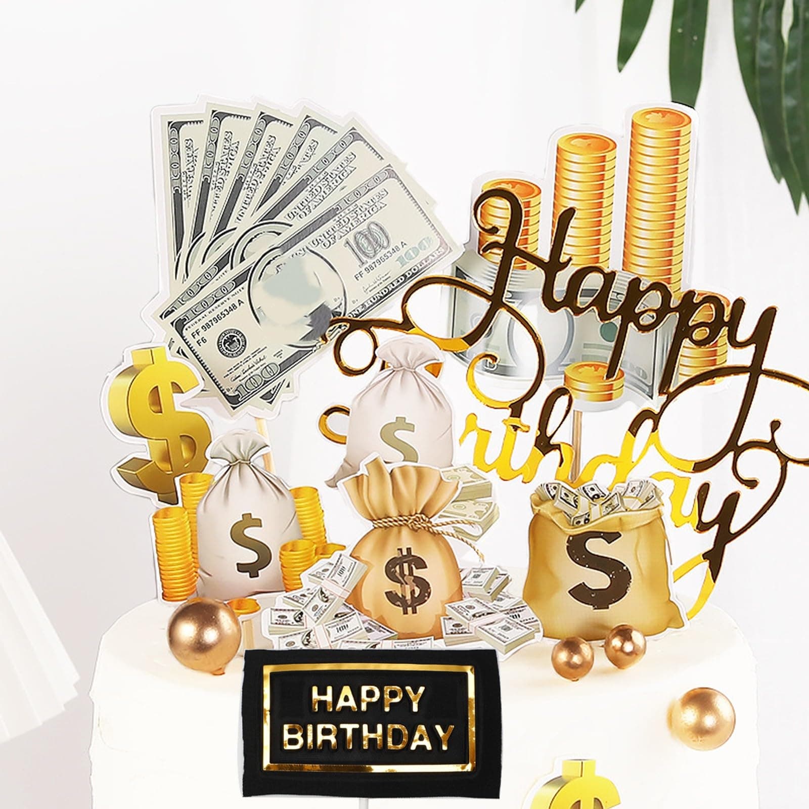 10Pcs Happy Birthday Cake Topper Set, Dollar Bill Sign Cupcake Toppers Money Theme Decorations for Birthday Party Halloween Thanksgiving Christmas Decor