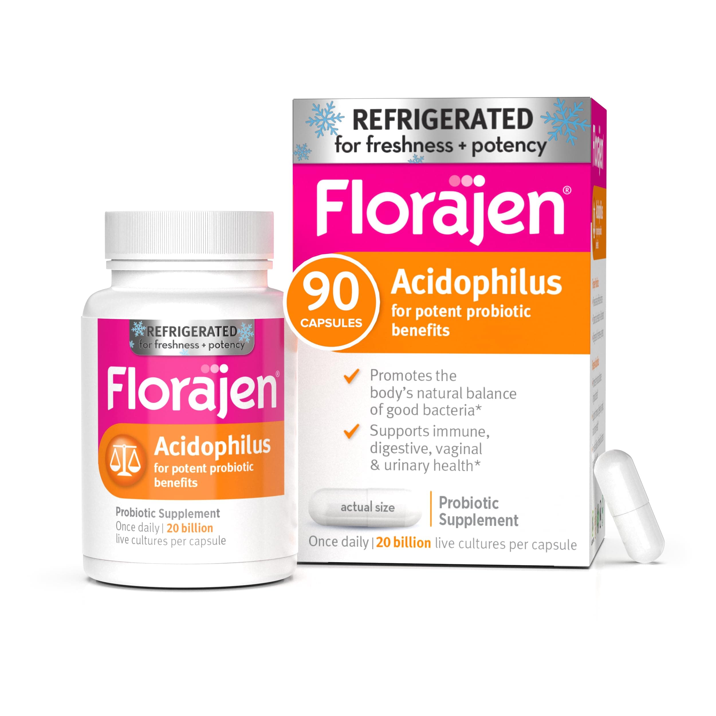 Florajen Acidophilus Probiotics, Gut Health, l Health, and Immune Support Supplement, Constipation and Bloating Relief for Adults, 90 Capsules (Refrigerated)