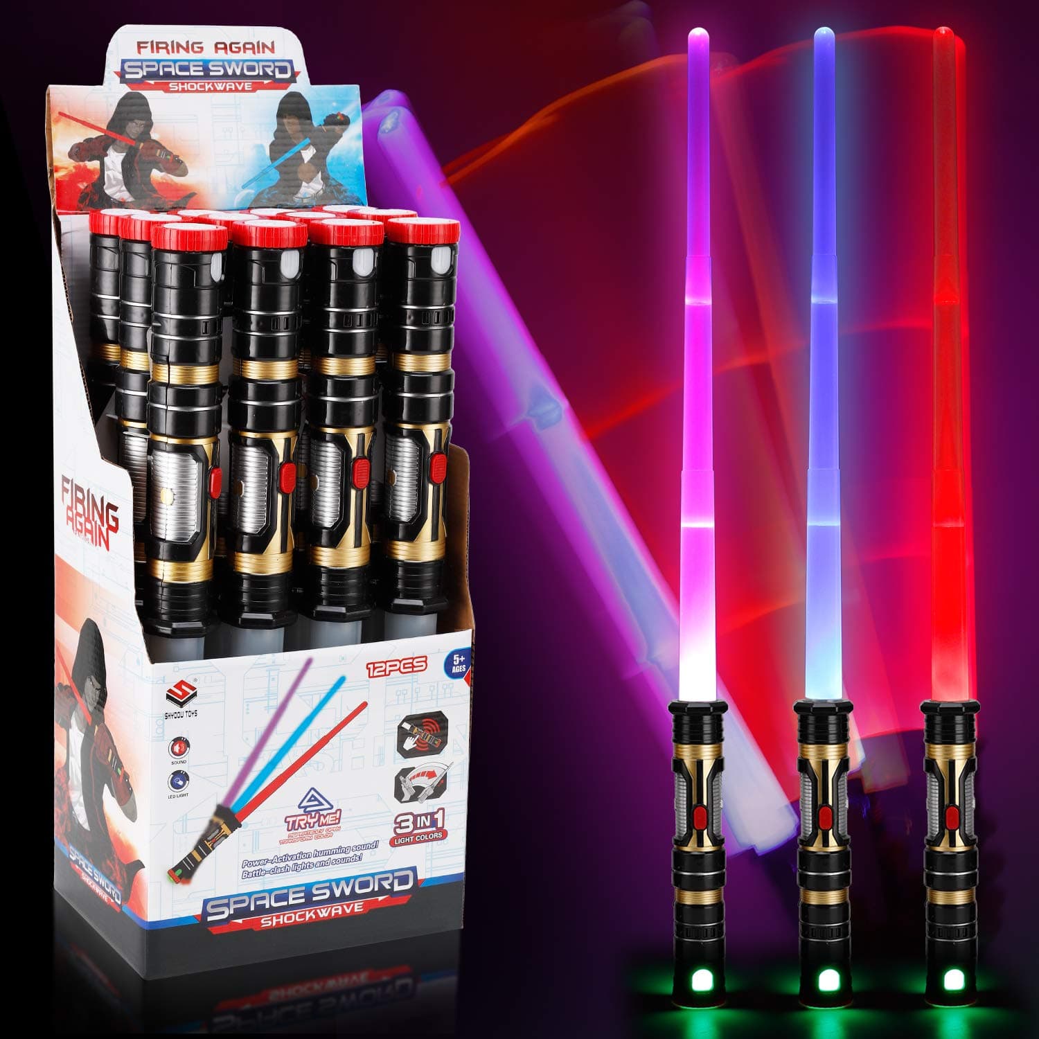 Liberty Imports 12 Pack: LED Light Up Sabers Set - Color Changing Motion Sensitive Retractable Swords with FX Sound Effects for Themed Parties, Bulk Party Favors and Cosplay