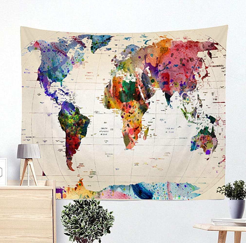 Jasion Watercolor World Map Tapestry Abstract Map Wall Hanging Art for Home Headboard Bedroom Living Room Dorm Decor in 51x60 Inches