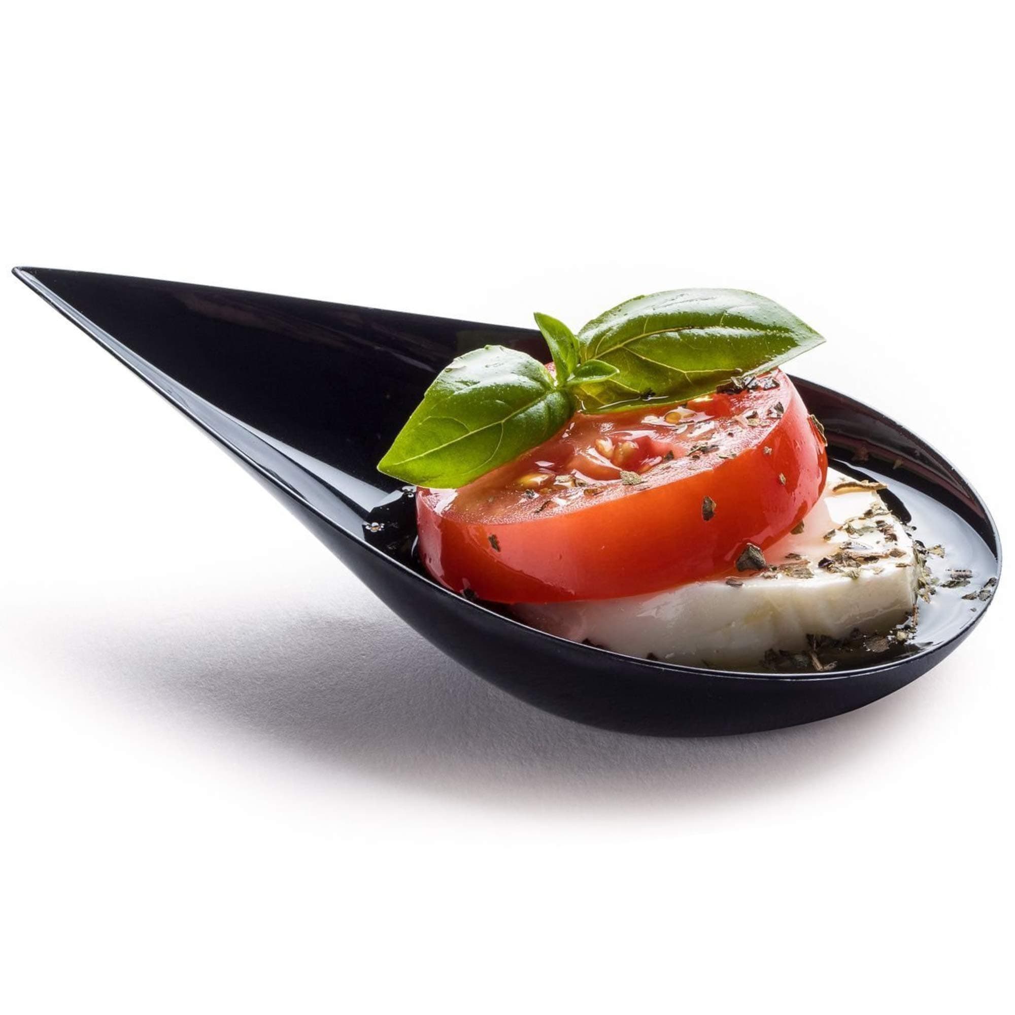 – DLux 100 4-in Tear Drop Mini Appetizer Plates, Black Plastic Spoons - Desserts and Appetizers Dishes Serving Plate - Asian Spoon Set, Small Catering Dessert Tasting Cups - with Recipe Ebook