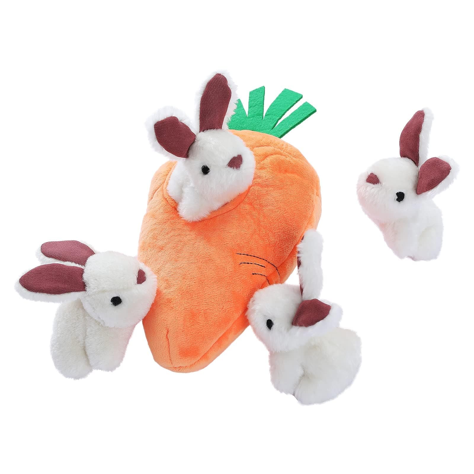 Amazon Basics Interactive Hide and Seek Squeaky Dog Plush Toy with Squeaker for Small Dogs, Rabbit and Carrot, Orange and White, 5-Pack