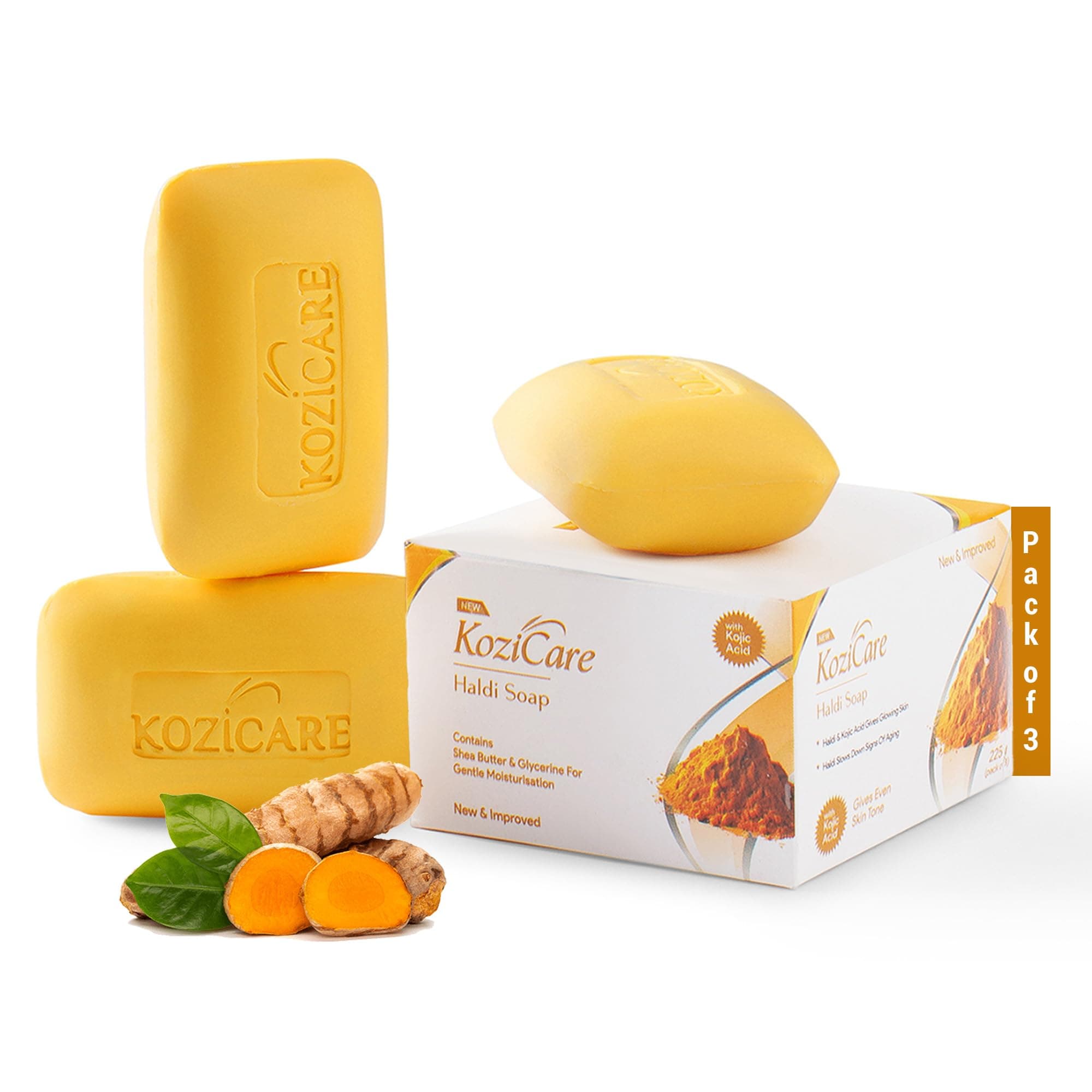 Kozicare Skin Whitening Soap | Haldi | Kojic Acid & Glutathione Soap | Body Tan Removal & Detan | for Bath | Bath Combo Offers | With Shea Butter & Glycerin- Pack of 3