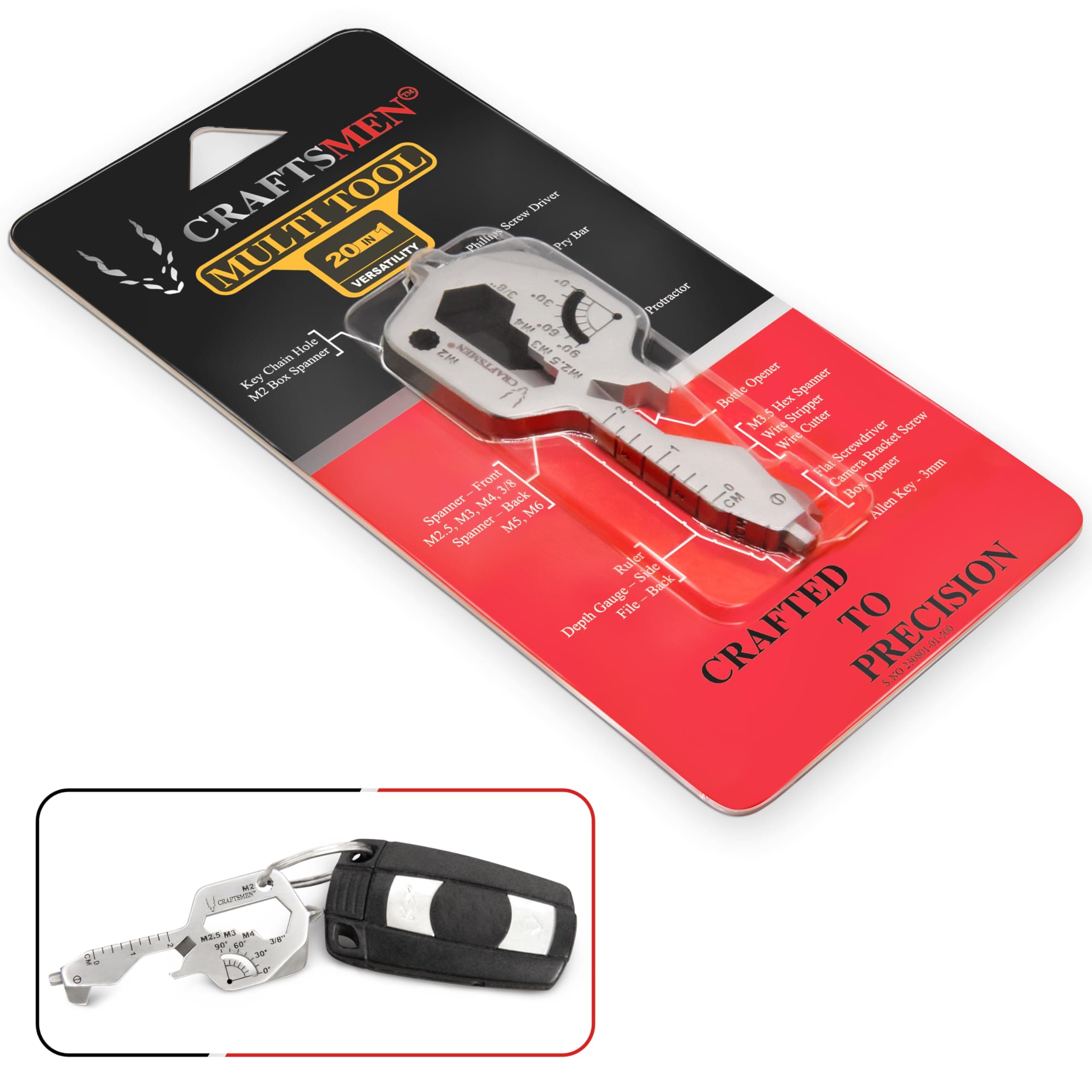 CRAFTSMEN Multi-Tool Key 20-in-1 Premium Stainless Steel Gr 17-4 PH, Heavy Duty Strength 5mm thick, EDC, Keychain Gadget, Bottle & Box Opener, Pry Bar, TSA, Christmas Gift, Stocking Sock Stuffer