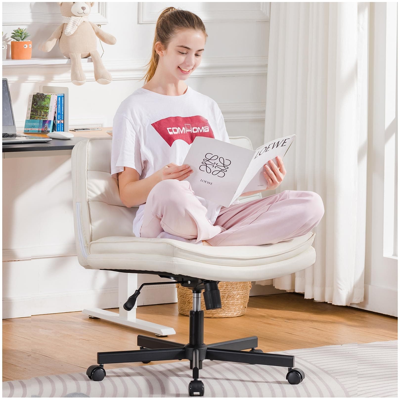 COMHOMA Criss Cross Chair with Wheels, Armless Wide Cross Legged Office Chair Mid Back, Modern Home Office Desk Chair Swivel Adjustable Vanity Computer Chair, Beige