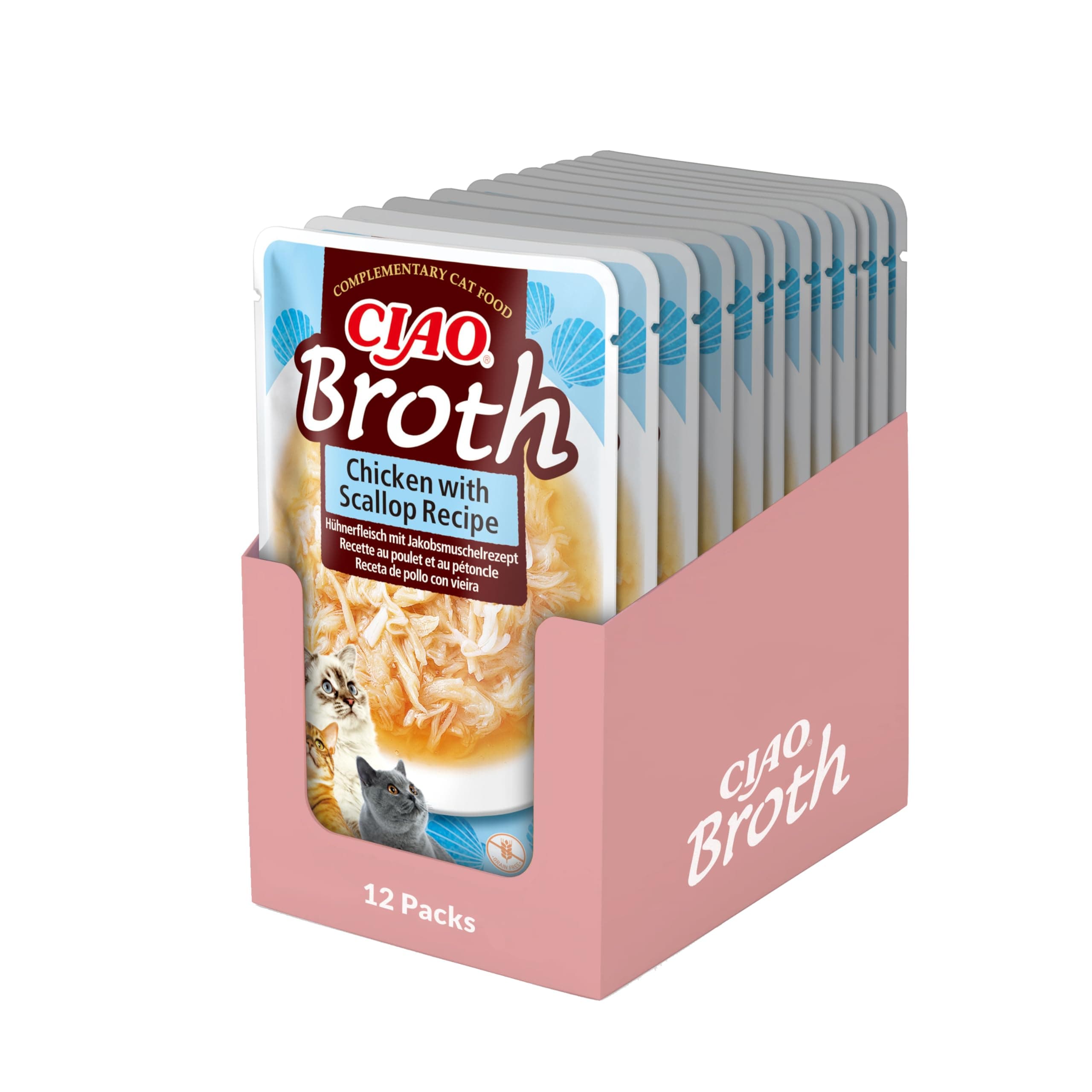 Ciao Broth by INABA Wet Cat Food - Chicken with Scallop - 12 Packs (480g total) / Moist Treat, Delicious & Healthy Snack, Food Topper, Side Dish, Complement, Natural, Grain Free, Wet Cat Food