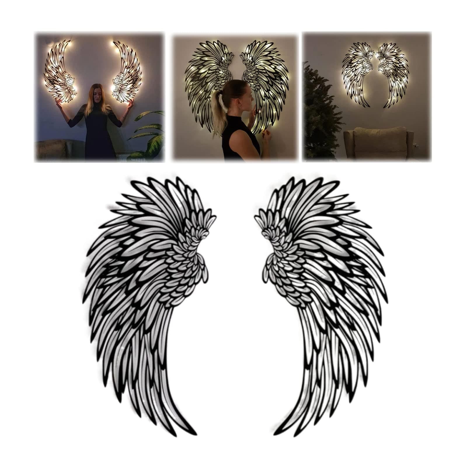 Azonee 1 Pair Angel Wings Wall Art Decorate with Led Lights, , 3D Metal Angel Wings Wall Sculptures, DIY Art Hanging Decor for Home Bedroom Living Room Garden Office Store