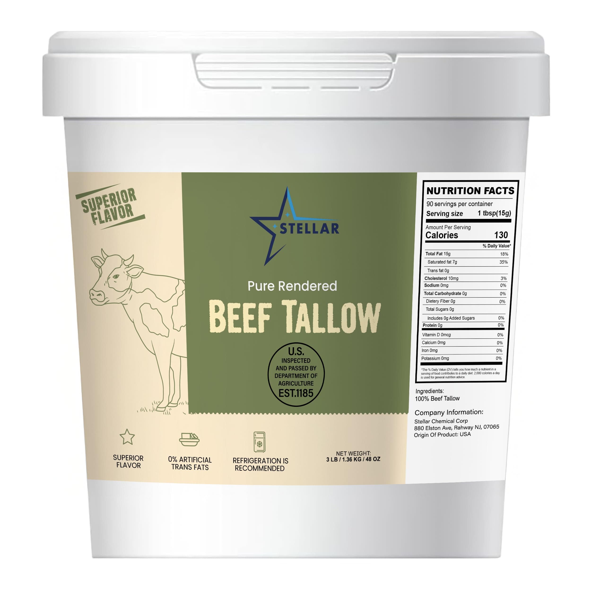 Stellar Beef Tallow 100% Grass-Fed & Finished - Good for Cooking, Baking and Frying - Food Grade (3 lb)