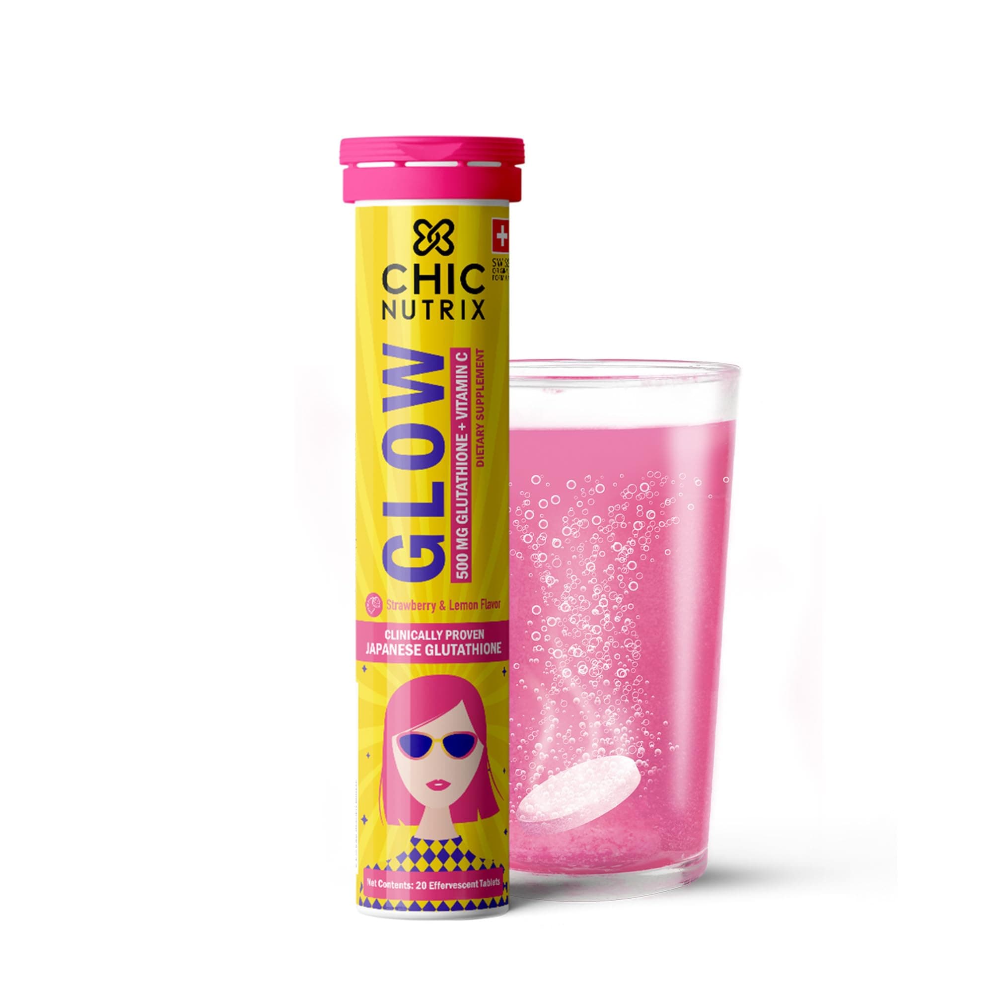 Glow - Reduced Glutathione 500mg (OPITAC™) & Vitamin C for antioxidant support and detoxification, non-GMO & Vegan - 20 tablets (Strawberry – Lemon flavour)