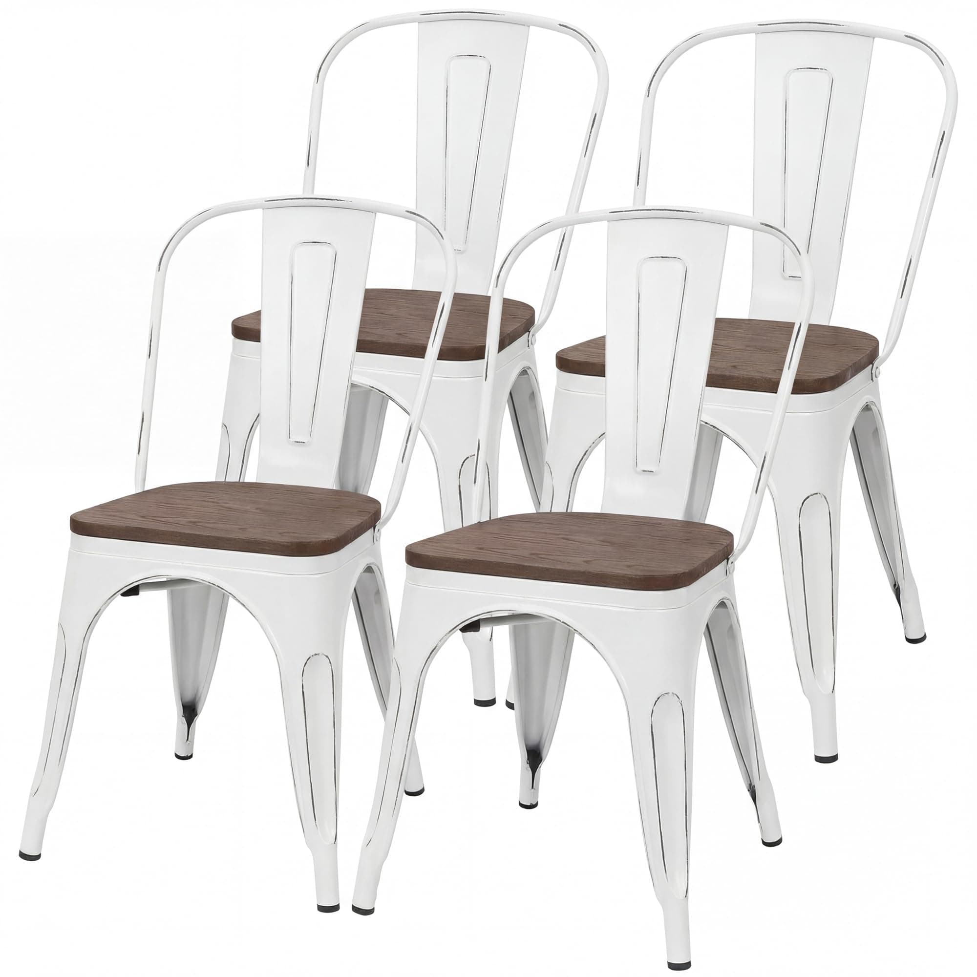 JUMMICO Metal Dining Chair Stackable Industrial Vintage Kitchen Chairs Indoor-Outdoor Bistro Cafe Side Chairs with Back and Wooden Seat Set of 4 (White)