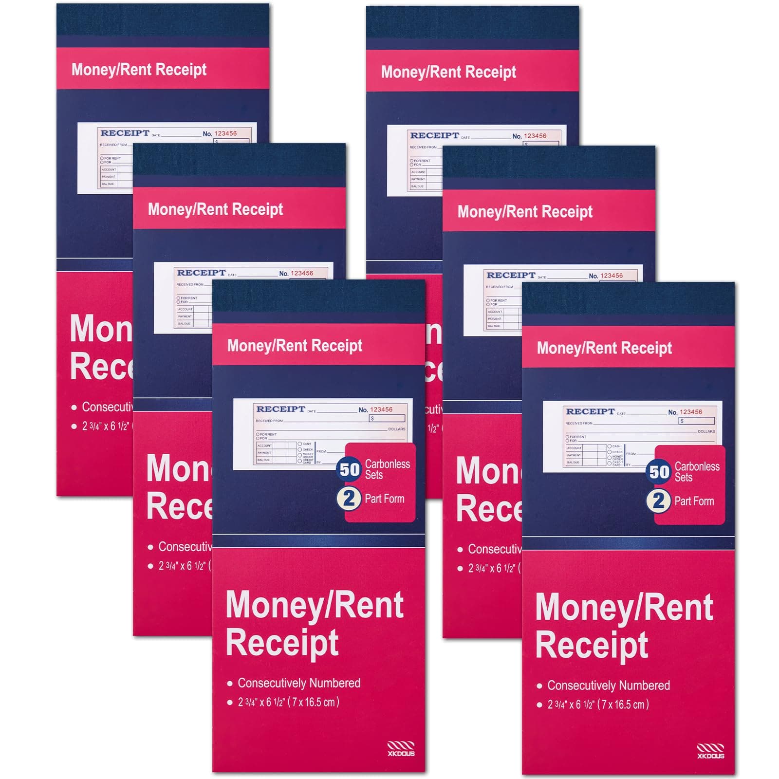 XKDOUS 6 Pack Receipt Book with Carbon Copies, Money and Rent Receipt Book 2 Part Carbonless, 2-3/4" x 6-1/2" Receipt Book for Small Business, 50 Sets per Book