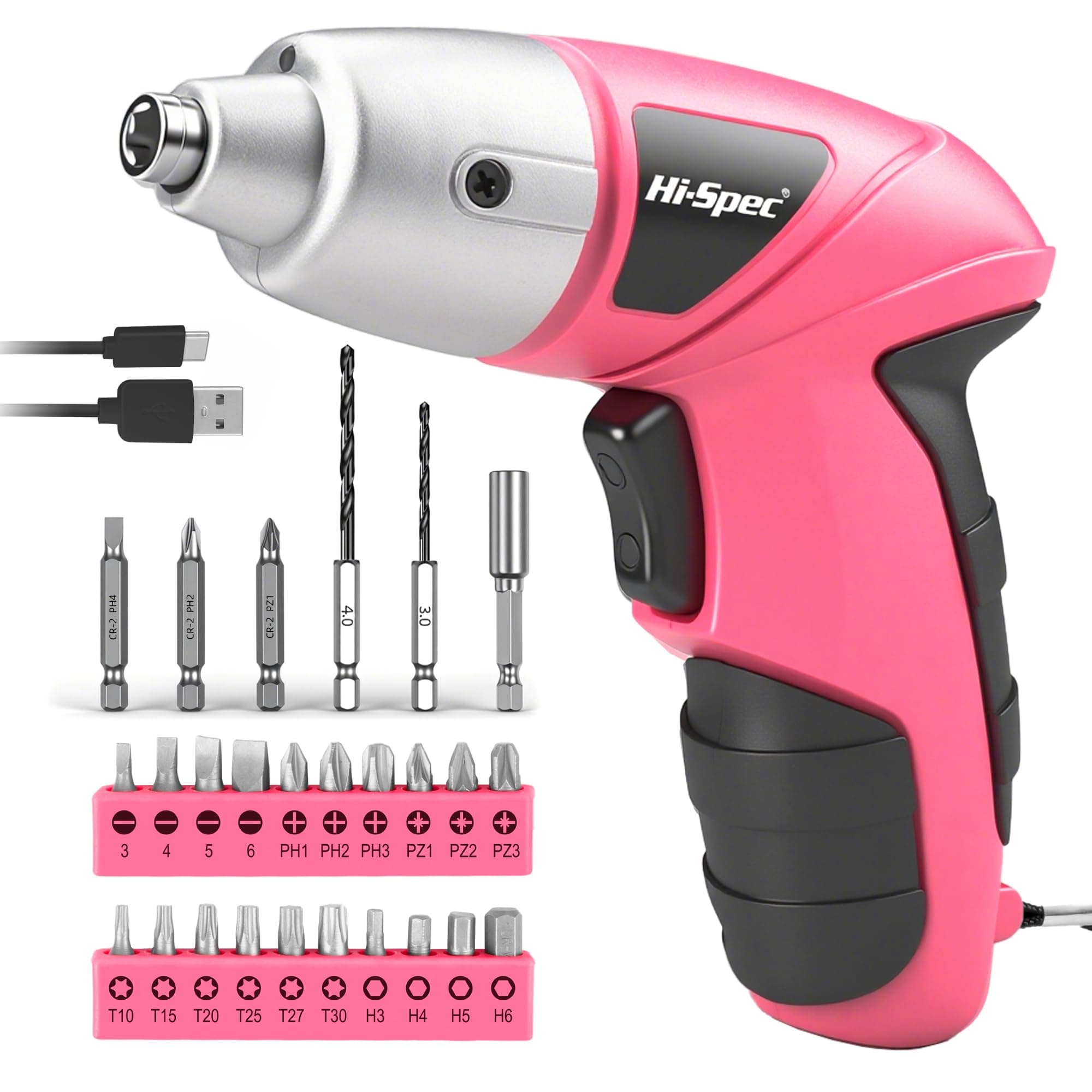 Hi-Spec 27 Pc Electric Screwdriver Pink 3.6V with 23 Drill Bits Set, Rechargeable Battery, LED Light & Cordless Screwdriver – Ideal for Home, Office, DIY Projects & Women