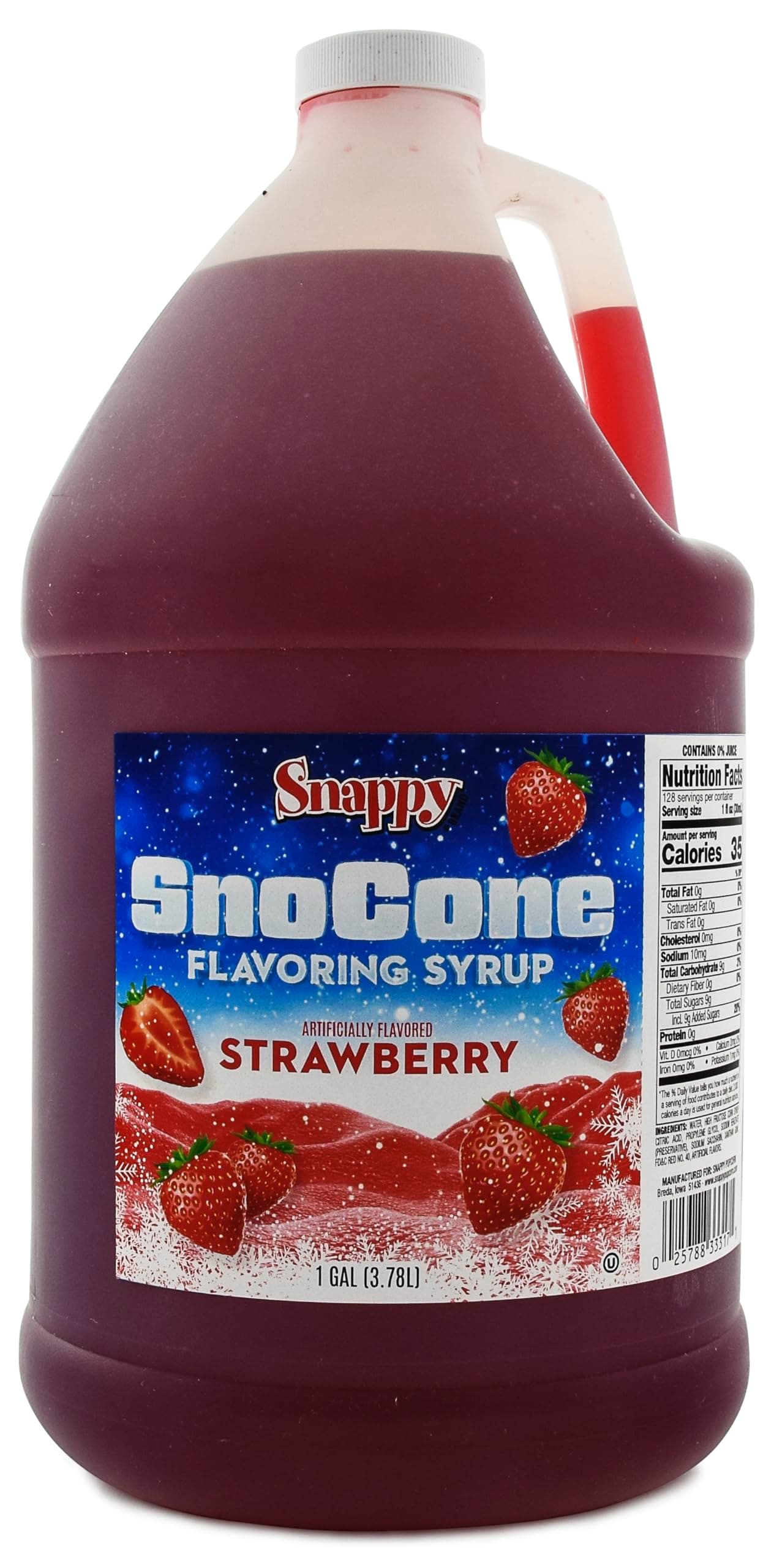 Snappy Strawberry Sno Cone Syrup, 1 Gallon (128 ounces) Size, Ready to Use For Snow Cone Machines, Flavored Syrup for Shaved Ice, 14 Snow Cone Flavor Options