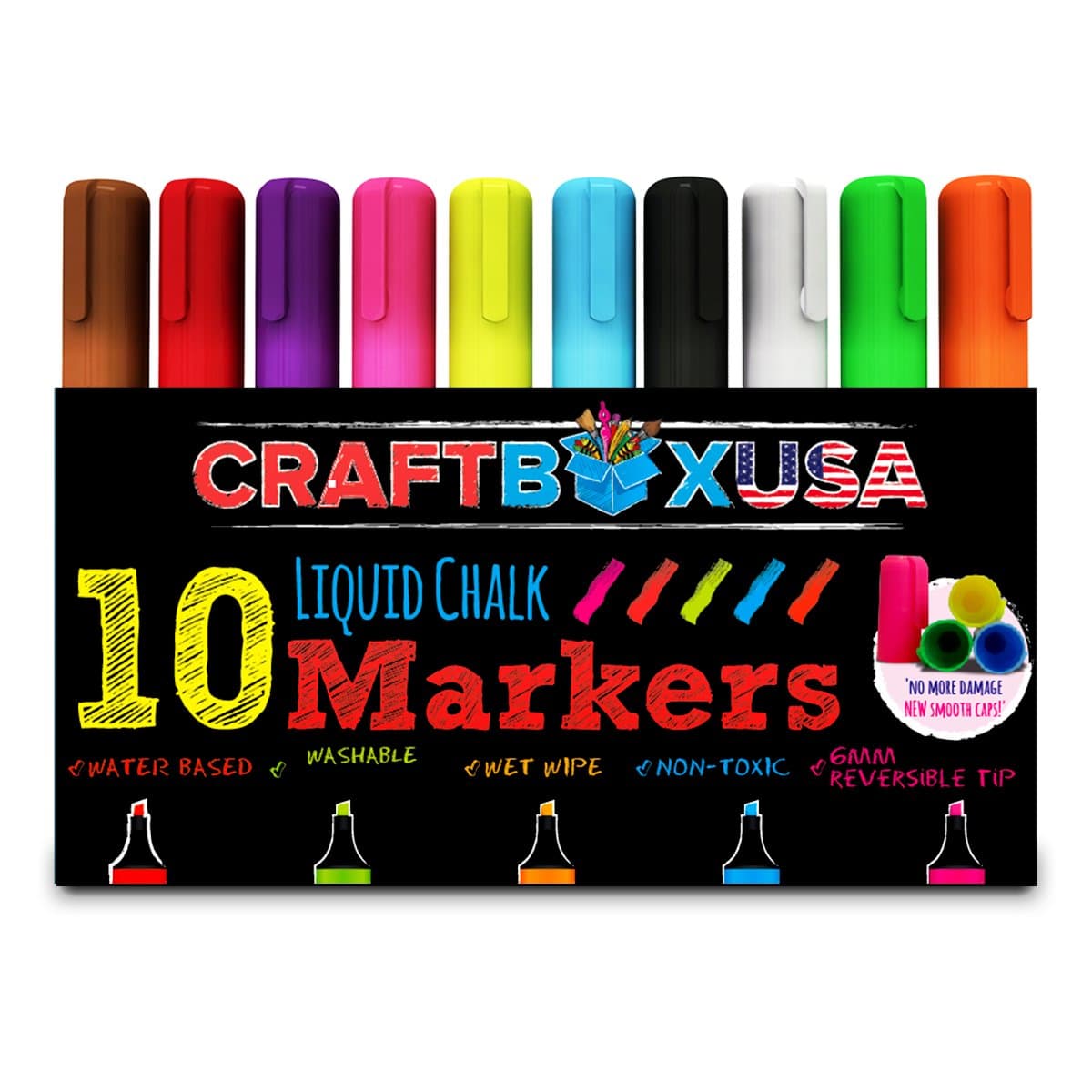 Liquid Chalk Markers - BRAND NEW Lids to Prevent Damage to the Nib - Craft Box USA - 10 Chalk Ink Pens - 6mm Reversible Tip - Use on Chalk Labels, Glass, Restaurant and Bistro Menu Boards - Kids Art