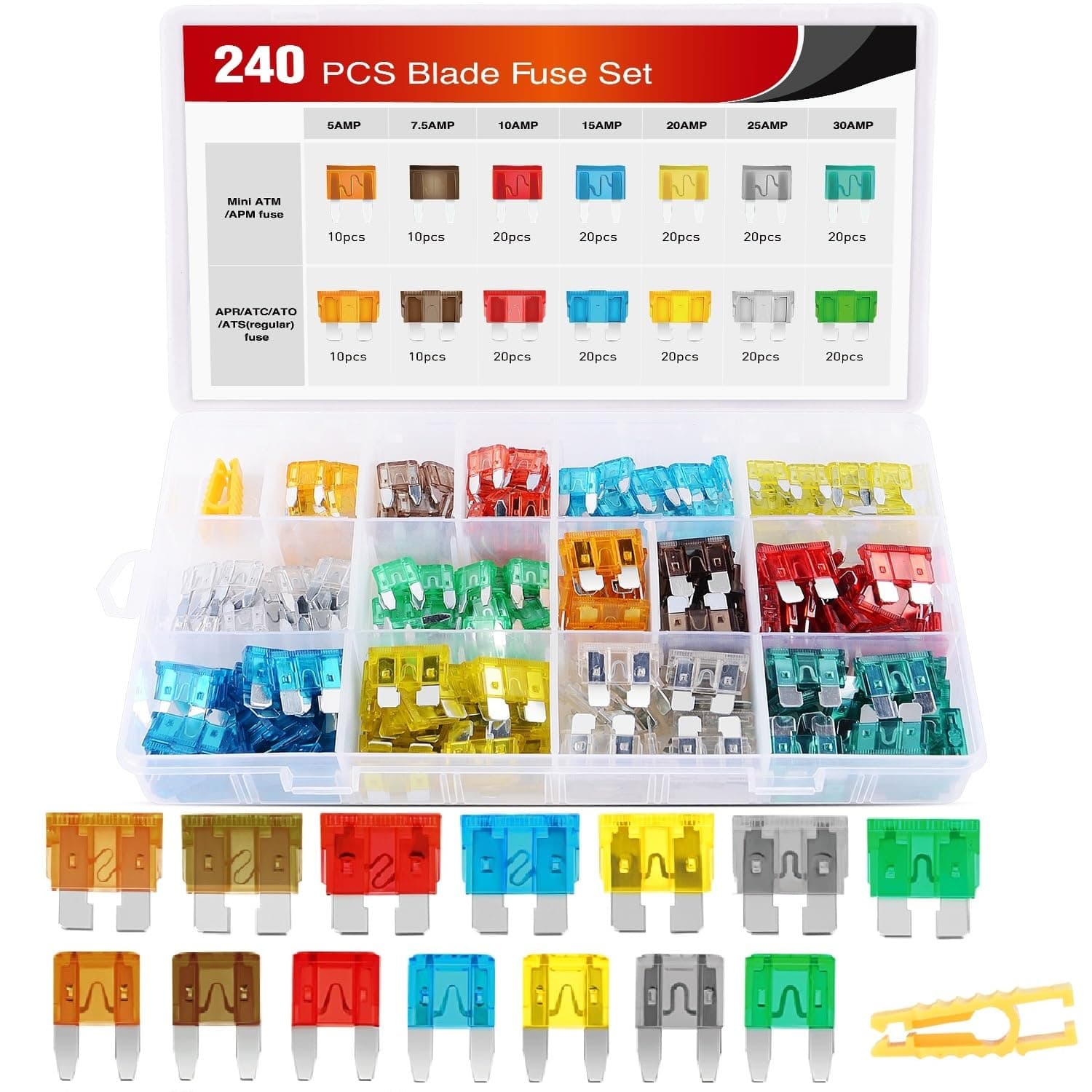 Nilight - 50018R 240Pcs Standard And Mini Blade Fuses Set,5A 7.5A 10A 15A 20A 25A 30A Atc Apr Ato Ats Standard And Atm Apm Mini Automotive Blade Fuse Assortment Kit,2 Years Warranty
