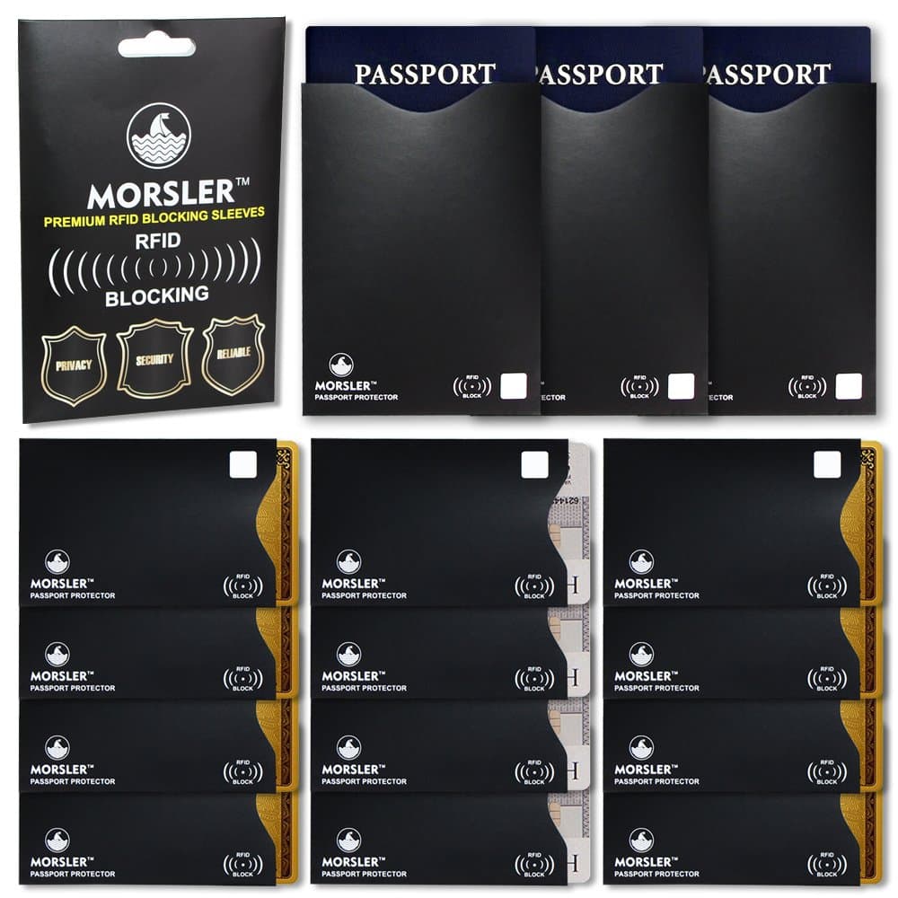 MORSLER RFID/NFC Blocking Sleeves Set of 12 Credit Card and 3 Passport Protectors 100% Effective in Blocking Signals to Prevention Identity Theft Slim Protection Sleeve Set Holders Fit All Mens & Womens Wallets - BLACK