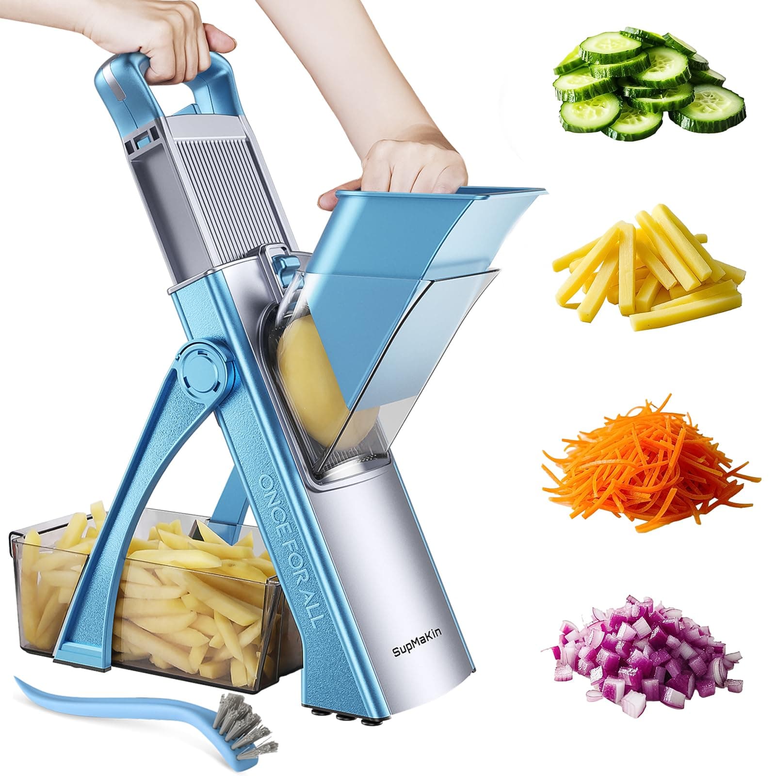SupMaKin Upgrade Safe Mandoline Slicer Plus, Vegetable Chopper, Potato Slicer, Food Slicer Onion Chopper, Fry Cutter, Veggie Salad Dicer Kitchen Chopping Artifact Gifts (Blue)