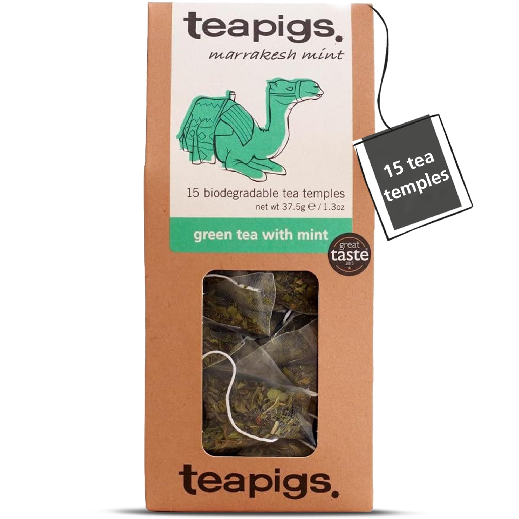 Green Tea with Mint - Traditional Moroccan Blend - Tea Bags Made with Whole Leaves - Caffeinated & Naturally Energising - Great Taste Award Winner - 15 Biodegradable Tea Temples (1 Pack)
