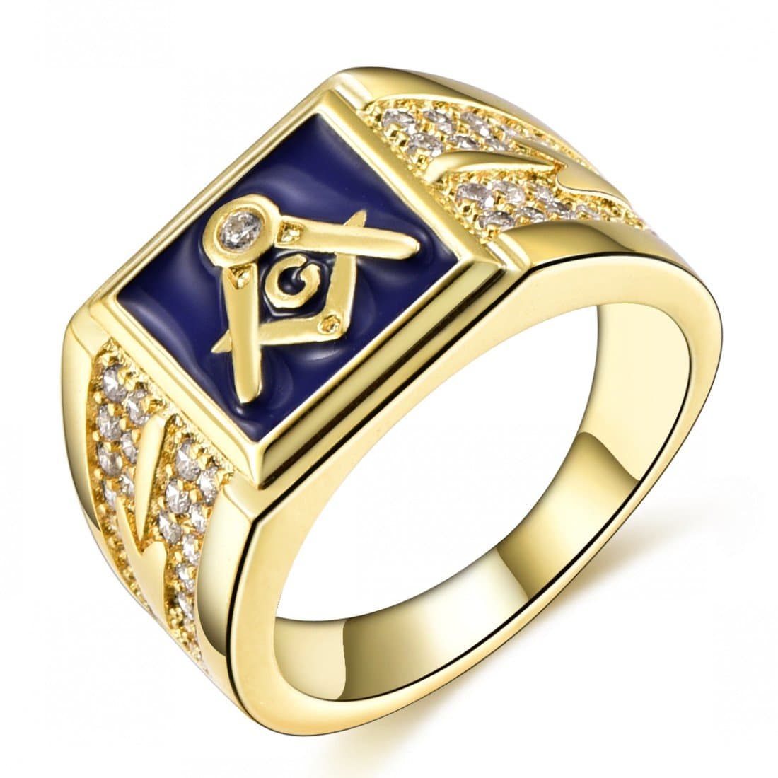Men's 18K Gold I.P. Crystal Masonic Blue Lodge Freemason Rings Sz 8-15