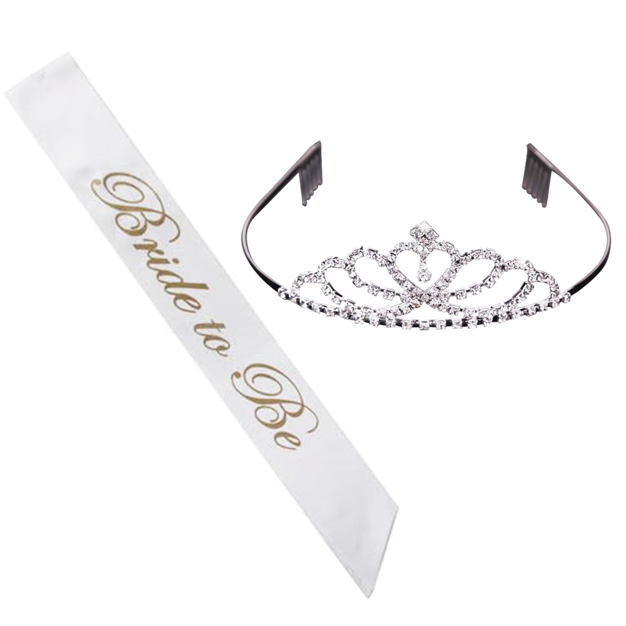 Bride to Be Sash and Tiara: Elegant Metal Alloy and Rhinestone Tiara | Stylish White Satin Bride to Be Sash with Gold Lettering | Bachelorette, Bridal, Wedding Party Accessories