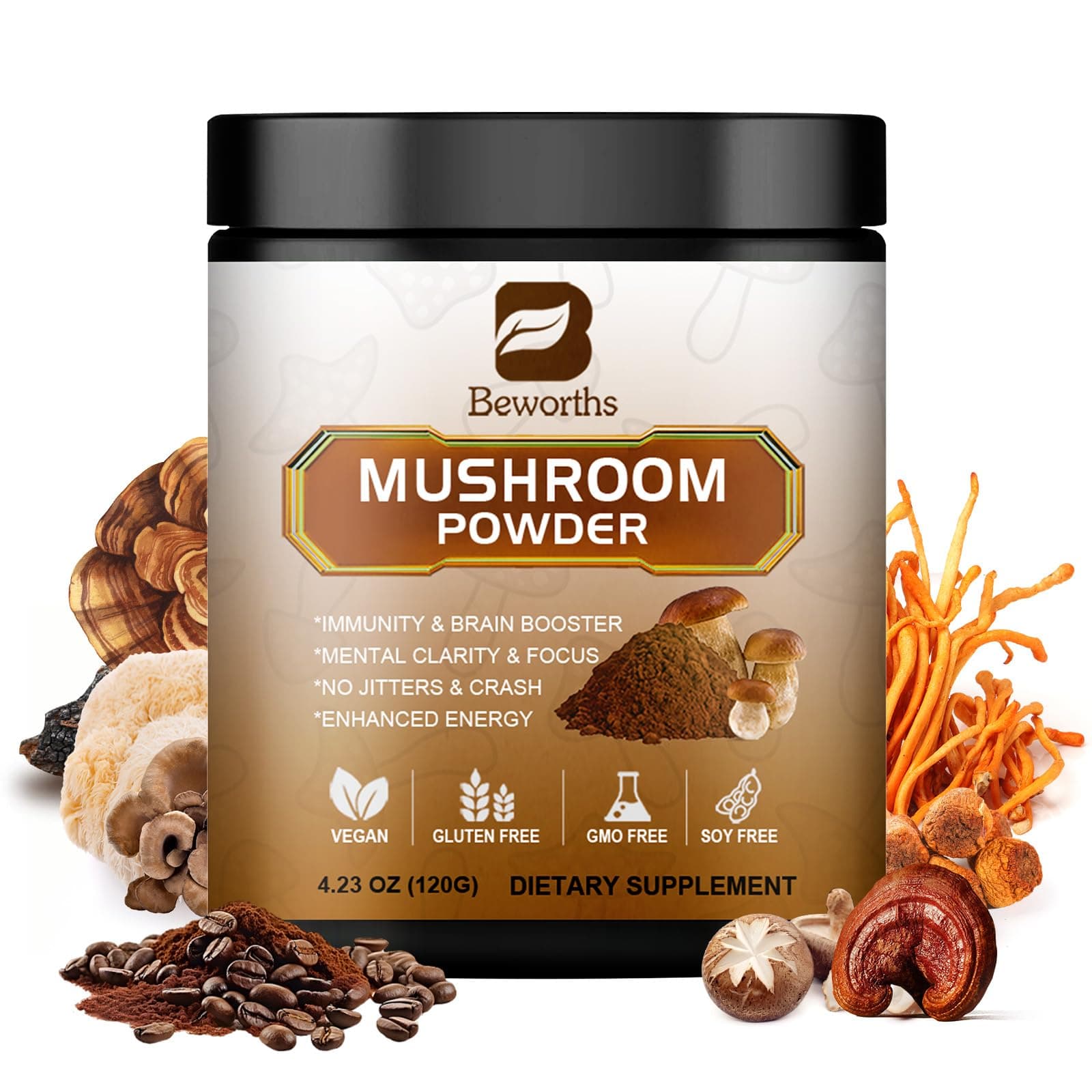 Mushroom Coffee - Lions Mane Mushroom Powder Instant Coffee with Lion's Mane, Reishi, Chaga, Cordyceps, and Turkey Tail - Mushroom Coffe Alternative for Energy, Mental Clarity & Focus, Brain Booster