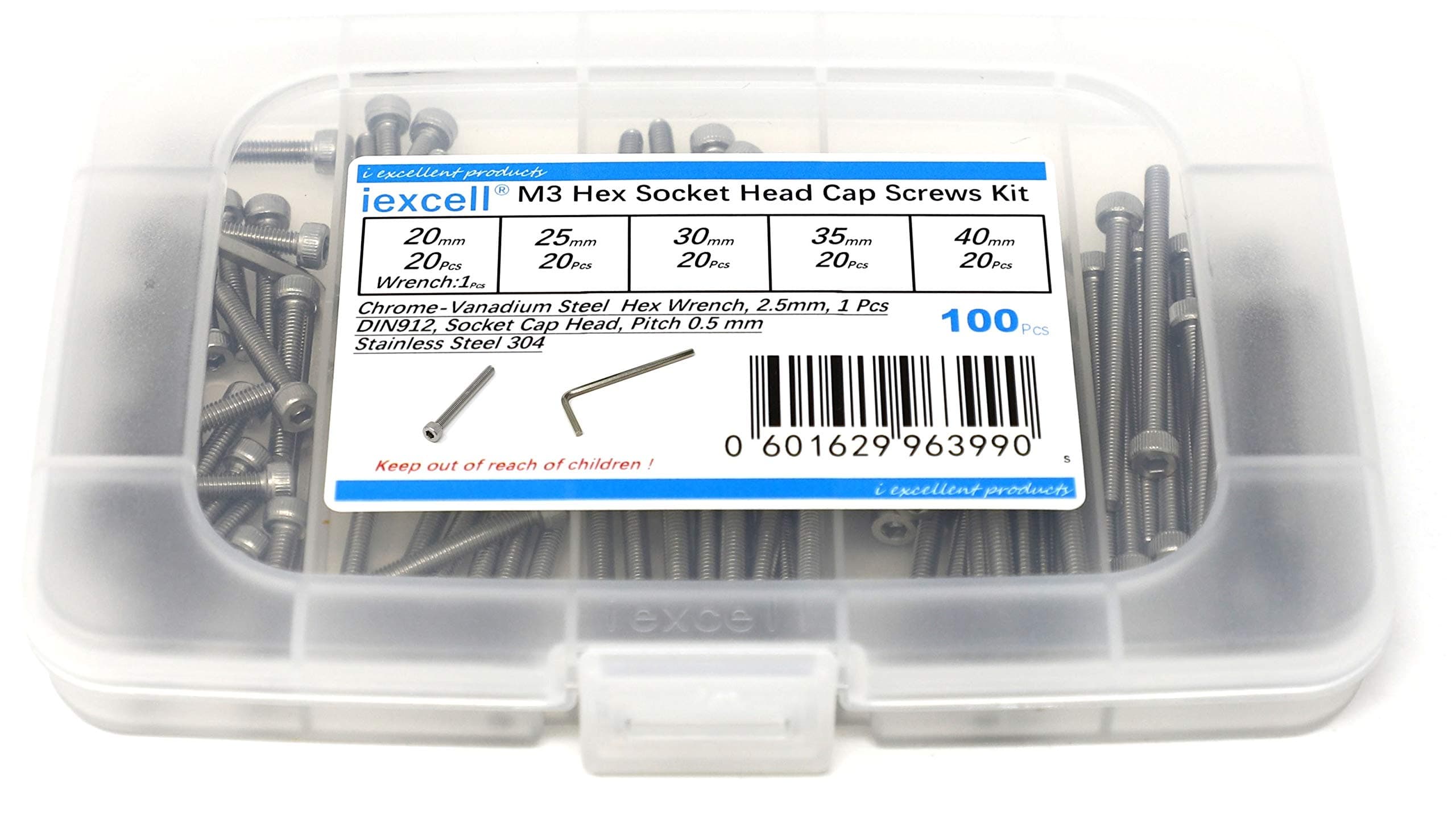 iexcell 100 Pcs M3 x 20/25/30/35/40mm Thread Pitch 0.5 mm Stainless Steel 304 Hex Socket Head Cap Screws Bolts Assortment Kit