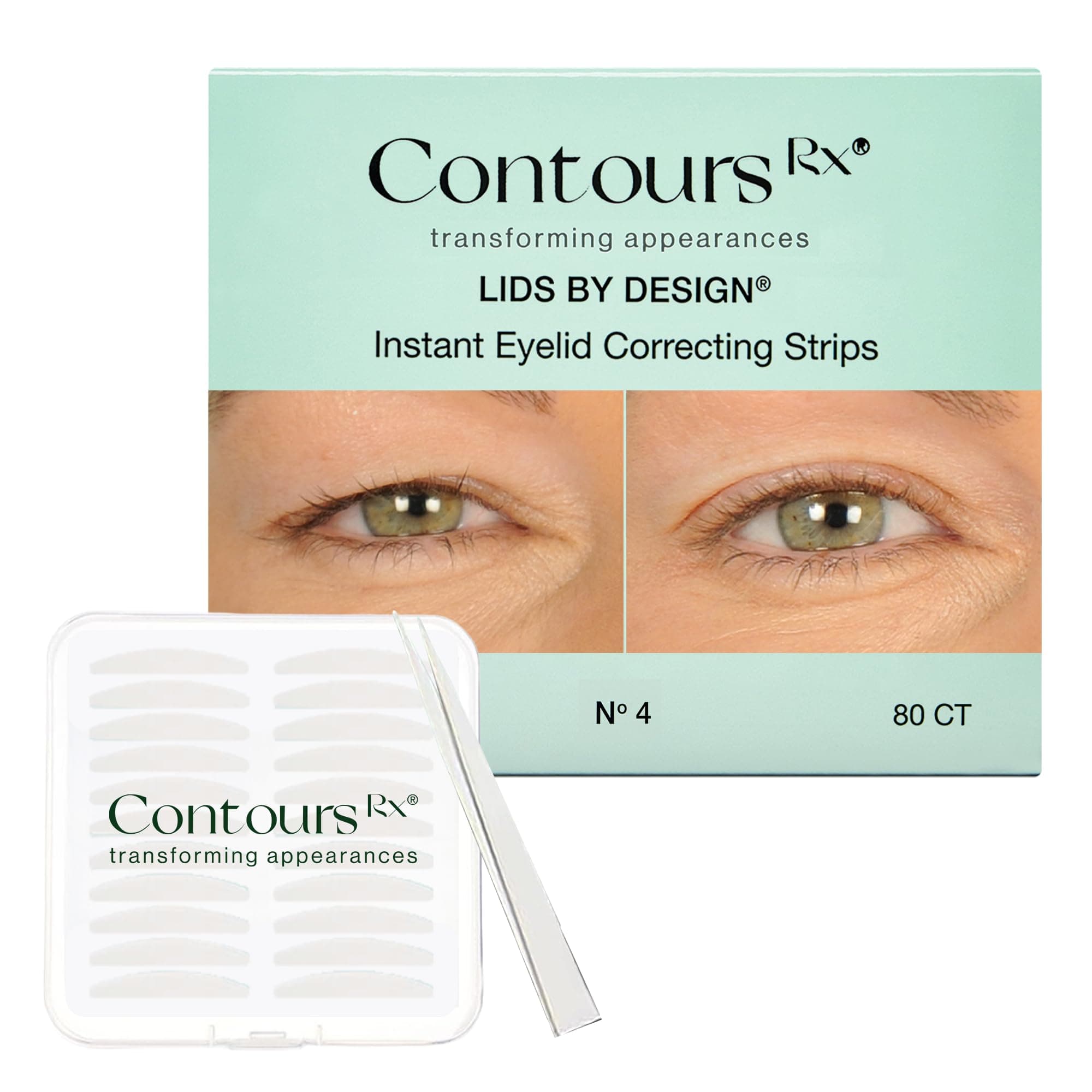 Contours Rx Lids by Design Eyelid Lift Strips with Travel Case and Tweezers - Invisible Eyelid Tape for Hooded Eyes - a Youthful-Looking Appearance - 80 CT (4mm)