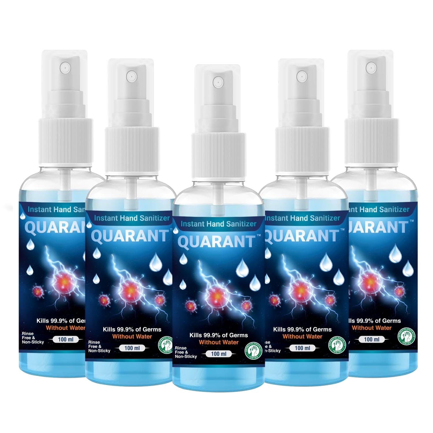 QUARANT 80% Alcohol Based Instant Hand Sanitizer Spray, Small Pocket Size Liquid Spray Bottle, Kills 99.9% Germs, WHO Recommended Formula & FDA Approved, 100 ML (Pack of 5)