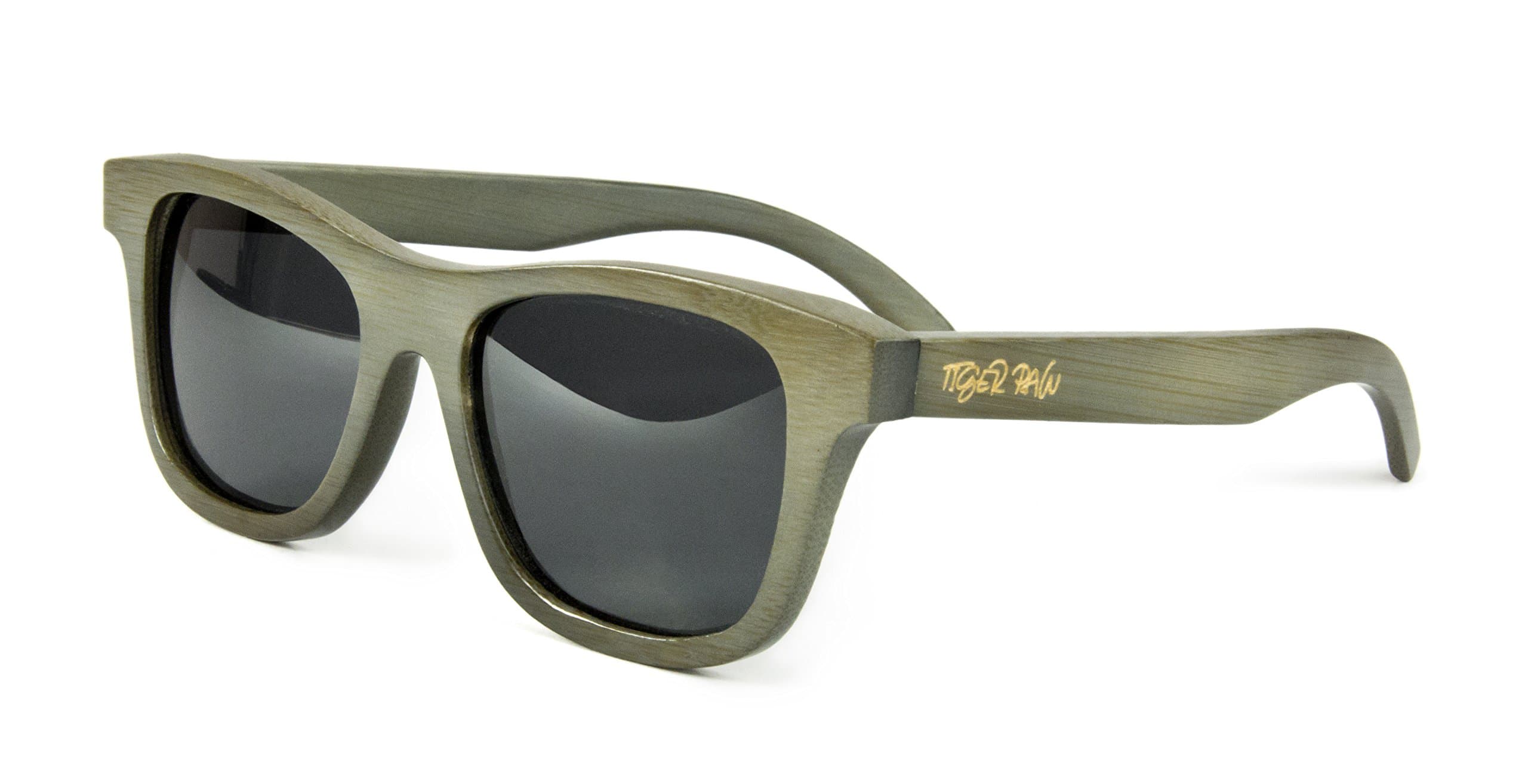 Tiger Paw - Wayfarer Bamboo Sunglasses for Men and Women, Polarized, UV400 Protection (Light Green, Black)