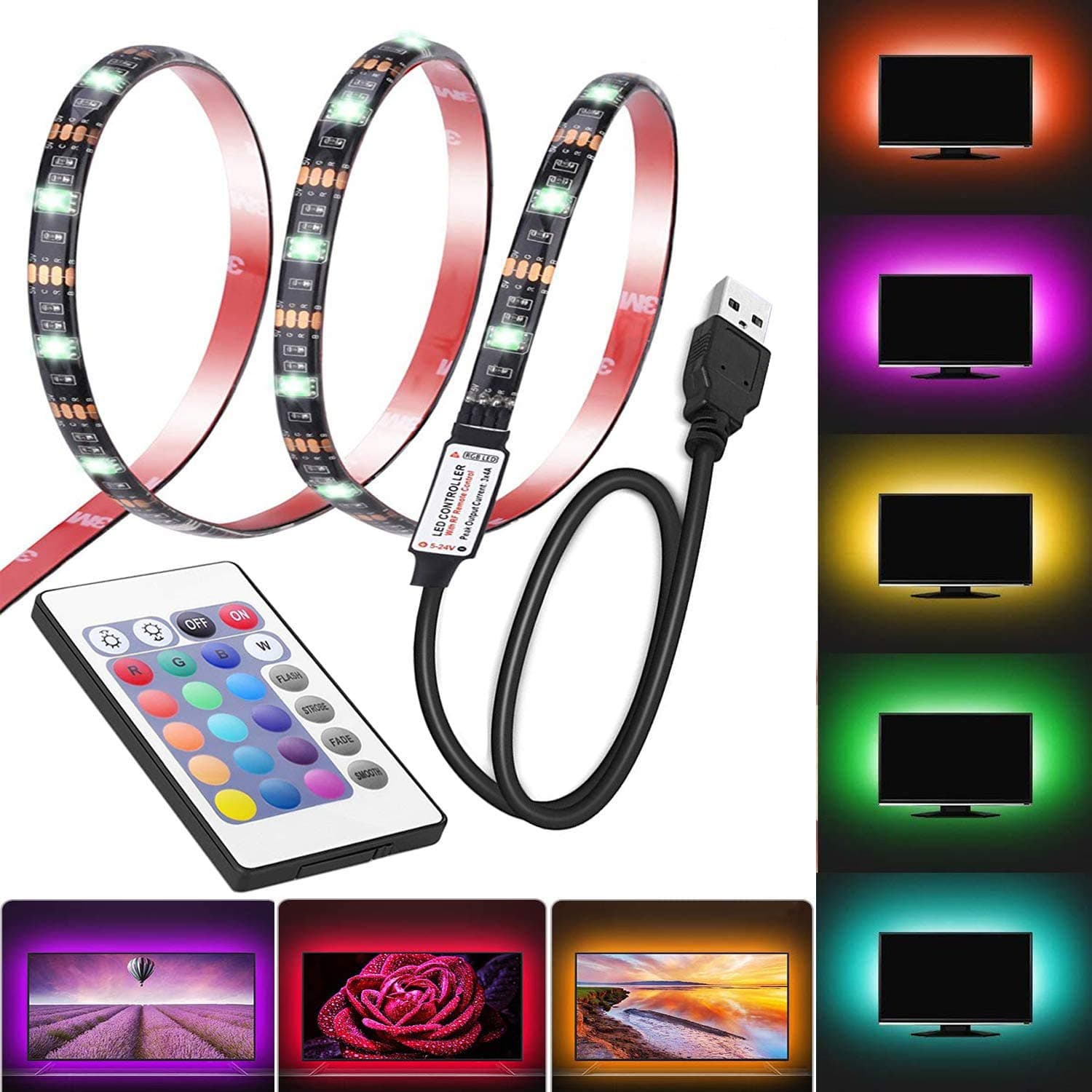 Led Strip Lights 6.56ft for 40-60in TV USB Backlight Kit with Remote, 16 Color 5050 Bias HDTV (24Key Remote)