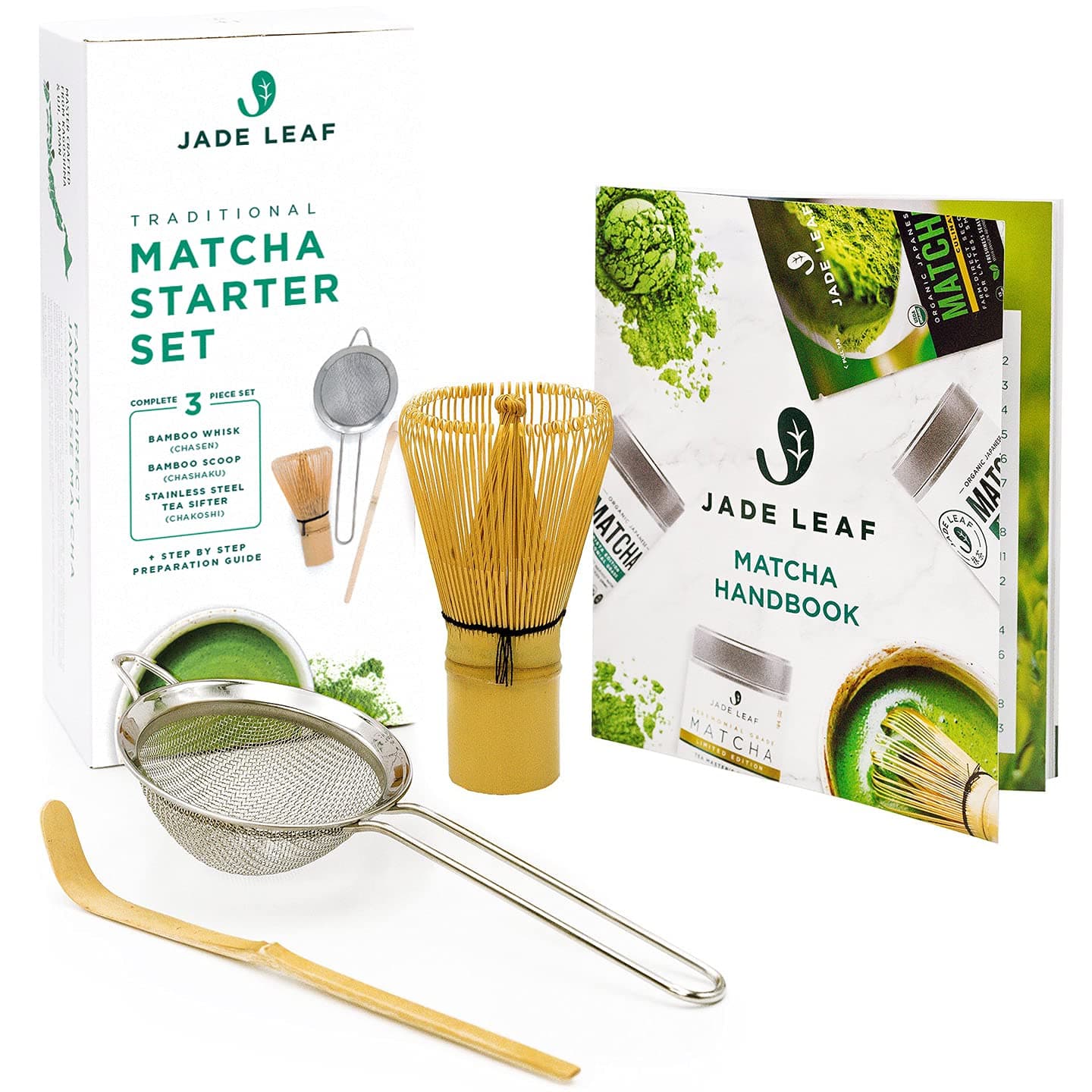 Jade Leaf - Traditional Matcha Starter Set - Organic Ceremonial Grade Matcha Green Tea Powder, Bamboo Whisk (Chasen), Bamboo Scoop (Chashaku), Stainless Steel Sifter, Preparation Guide