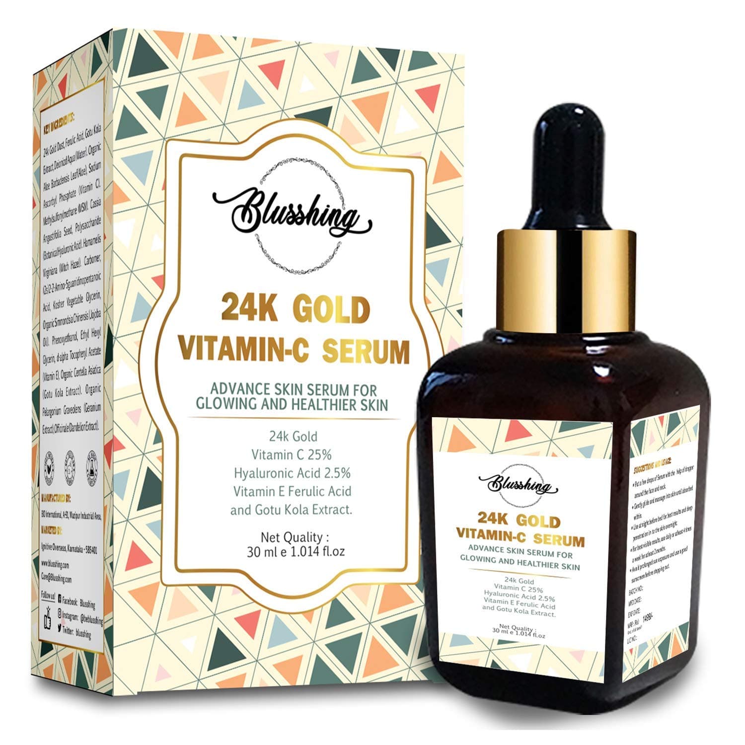 BLUSSHING Premium 24k Real Gold Vitamin C Serum 30ml-For Anti Aging, Lightning, Brightening, Boost Collagen, Whitening .With Hyaluronic Acid, Vitamin E, Glycolic Acid, Gotu Kola And Aloe Vera.