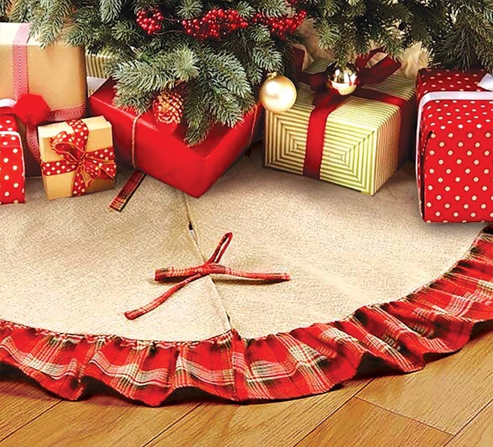 OLYPHANBurlap Tree Skirt for Christmas Rustic Large Country Natural Brown Skirts & Red Plaid Trim Farmhouse Xmas Holiday Decorations 30 Inch Round Diameter