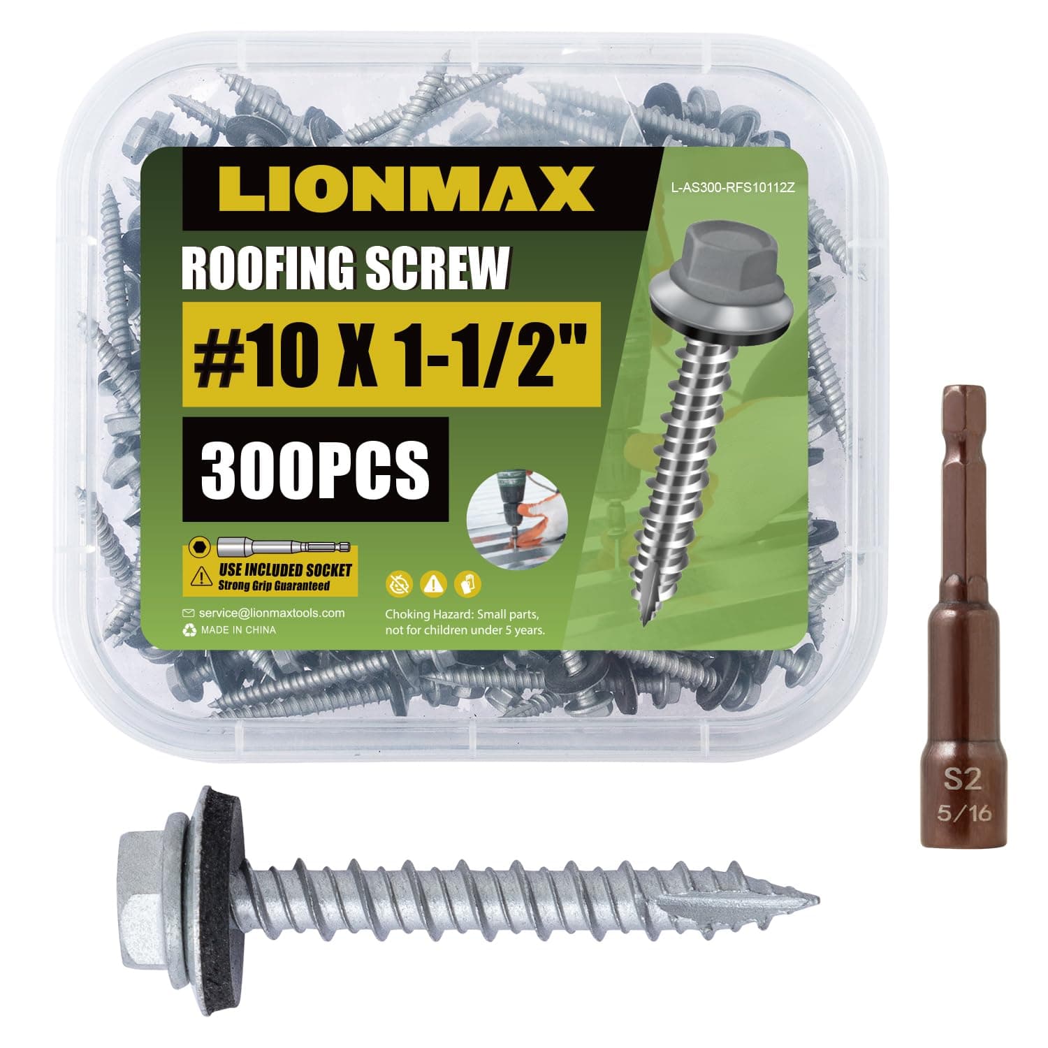 LIONMAX Metal Roofing Screws #10 × 1-1/2 Inch, 300-PCS, Rustproof Coating Hex Head Sheet Metal to Wood Siding Screw with Rubber Washer, Sharp Point, Hex Socket Included