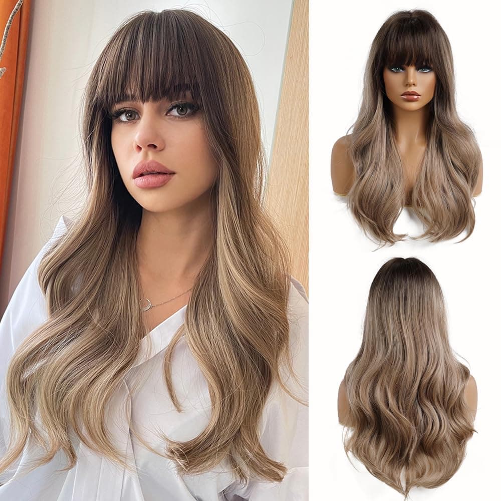 Esmee 24" Light Brown Wig with Dark Brown Roots Long Wave Hair Wigs,Natural Heat Resistant Fibre Synthetic Wigs Cosplay Party...