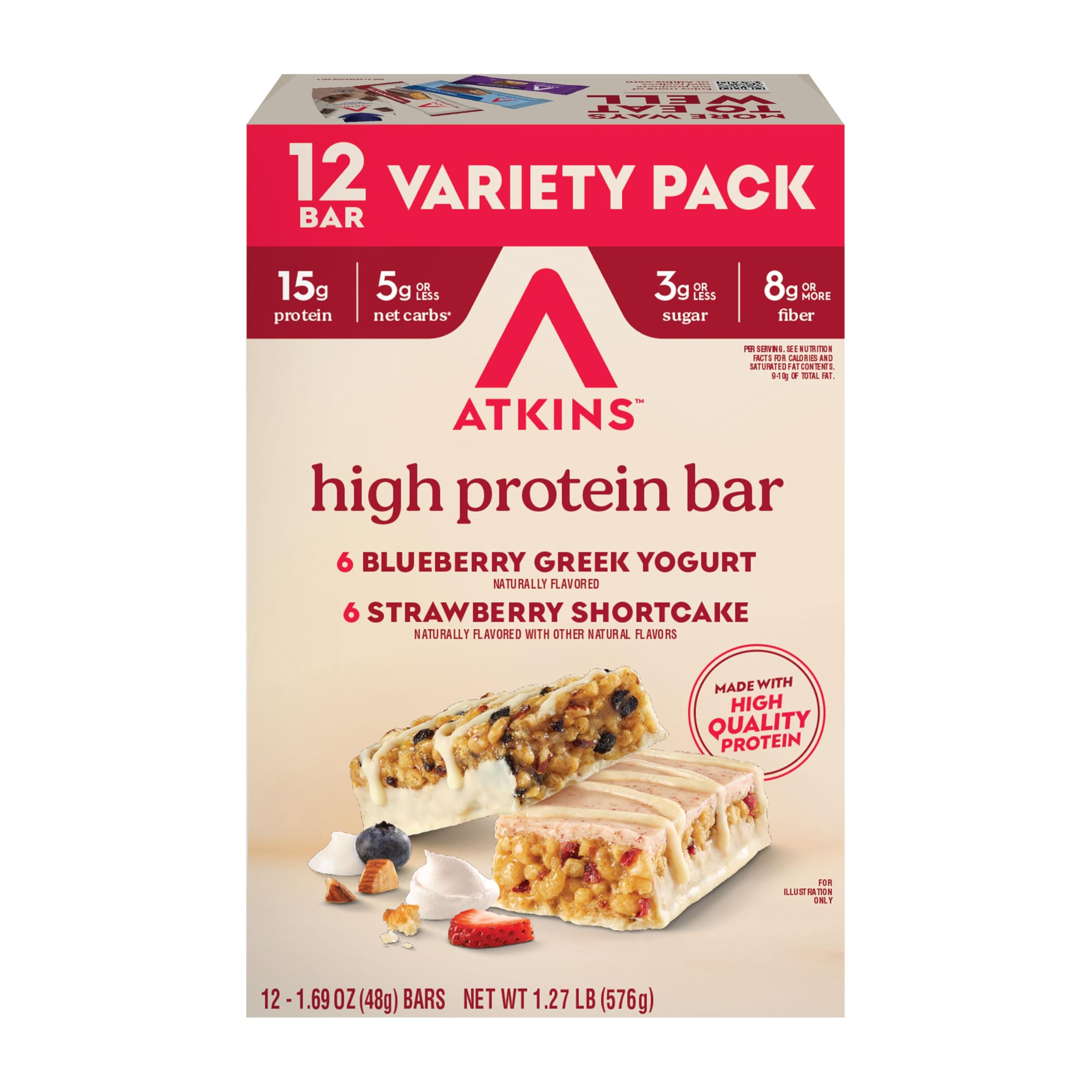 Blueberry Greek Yogurt & Strawberry Shortcake High Protein Bar, High Fiber, Keto Friendly, 12 Count (6 Bars Each Flavor)