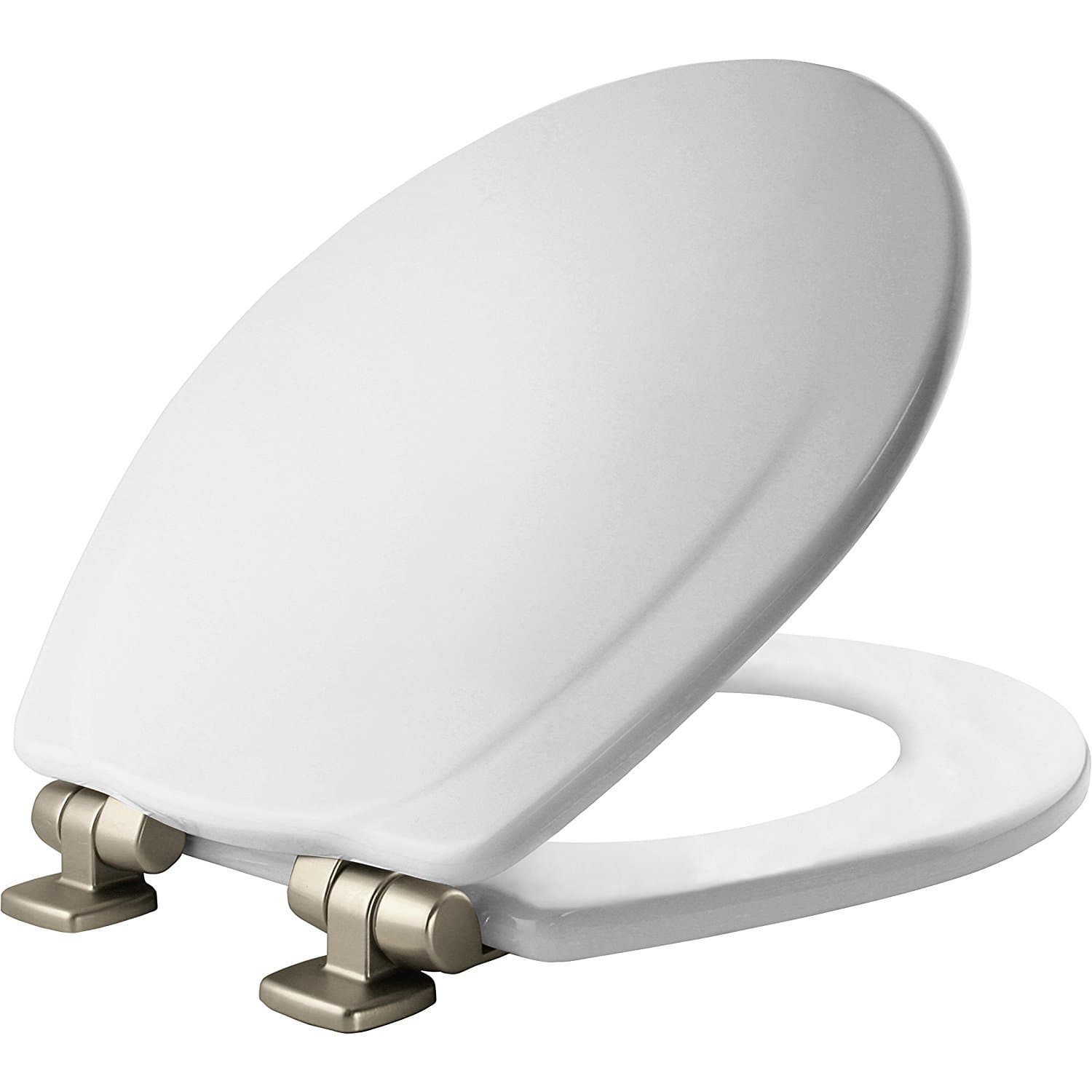 Bemis 30CHSLB 30NISLB 000 Wood Round Slow-Close Toilet Seat, White, Brushed Nickel Hinge