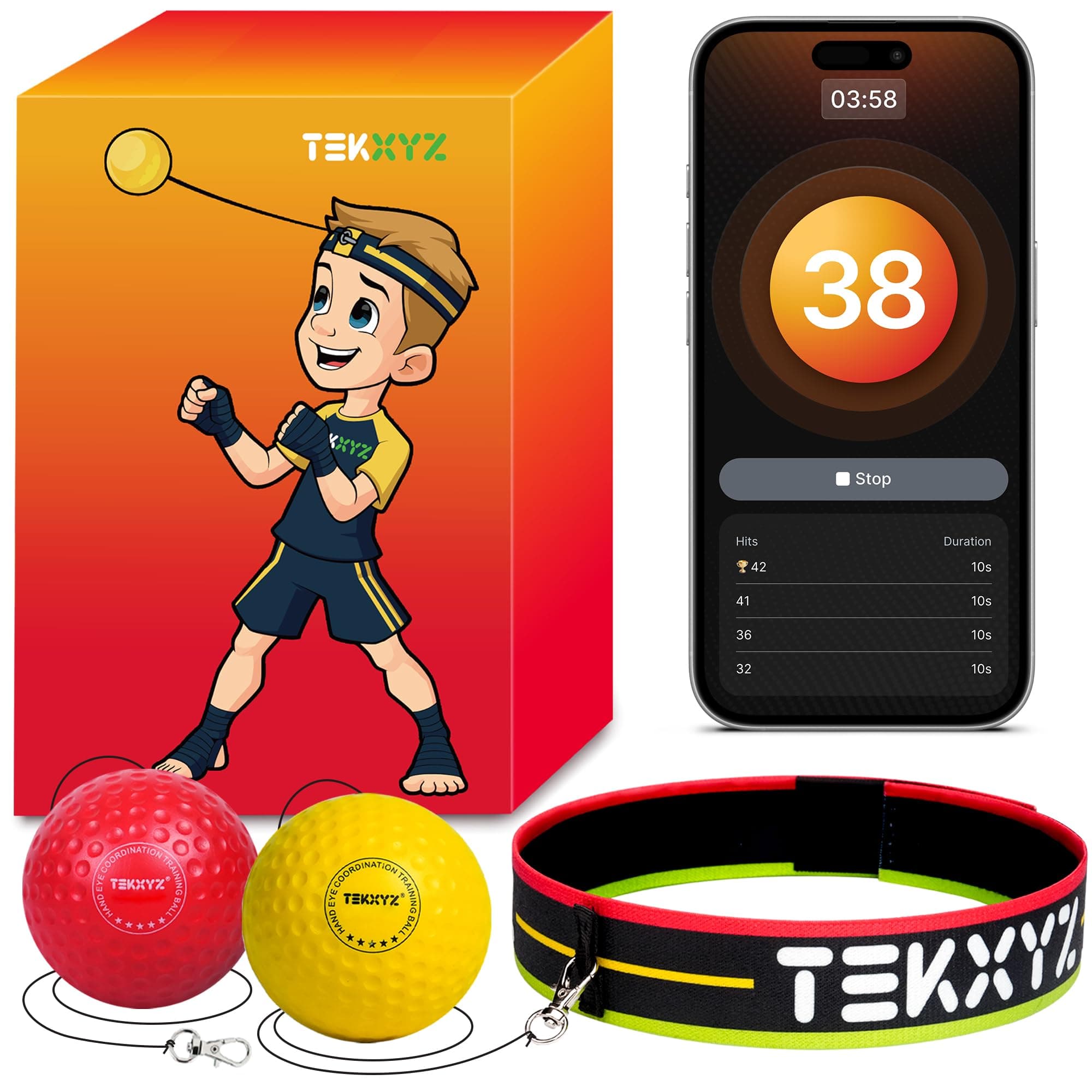 TEKXYZ® Reflex Ball with Counter App & Online Community, 2 Difficulty Levels Boxing Ball with Headband, Perfect for Reaction, Agility, Punching Speed, Fight Skill & Hand Eye Coordination Training