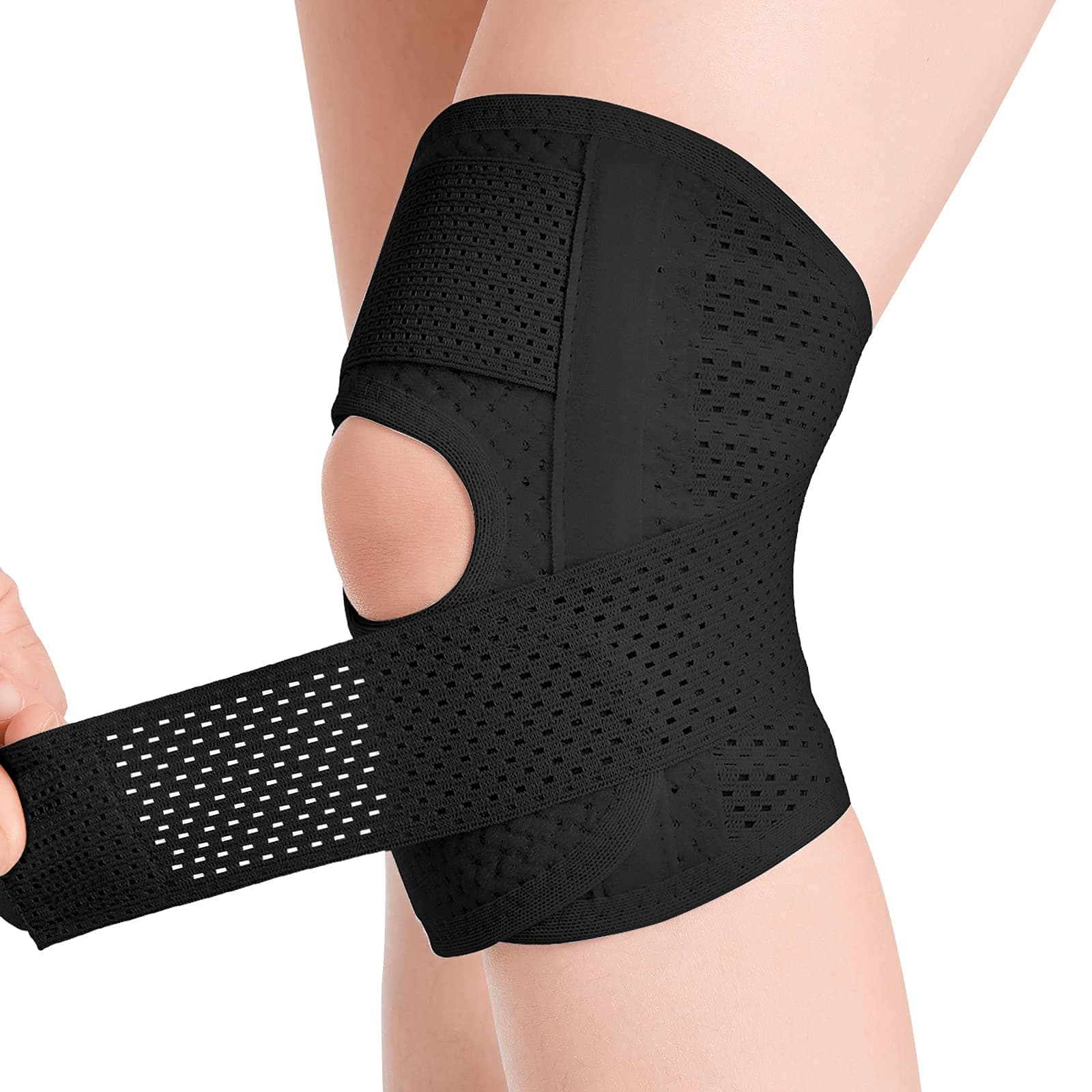 Knee Brace with Side Stabilizers Relieve Meniscal Tear, Breathable Adjustable Knee Support Suitable for Men and Women with Sports strain(Medium, Black (Left))