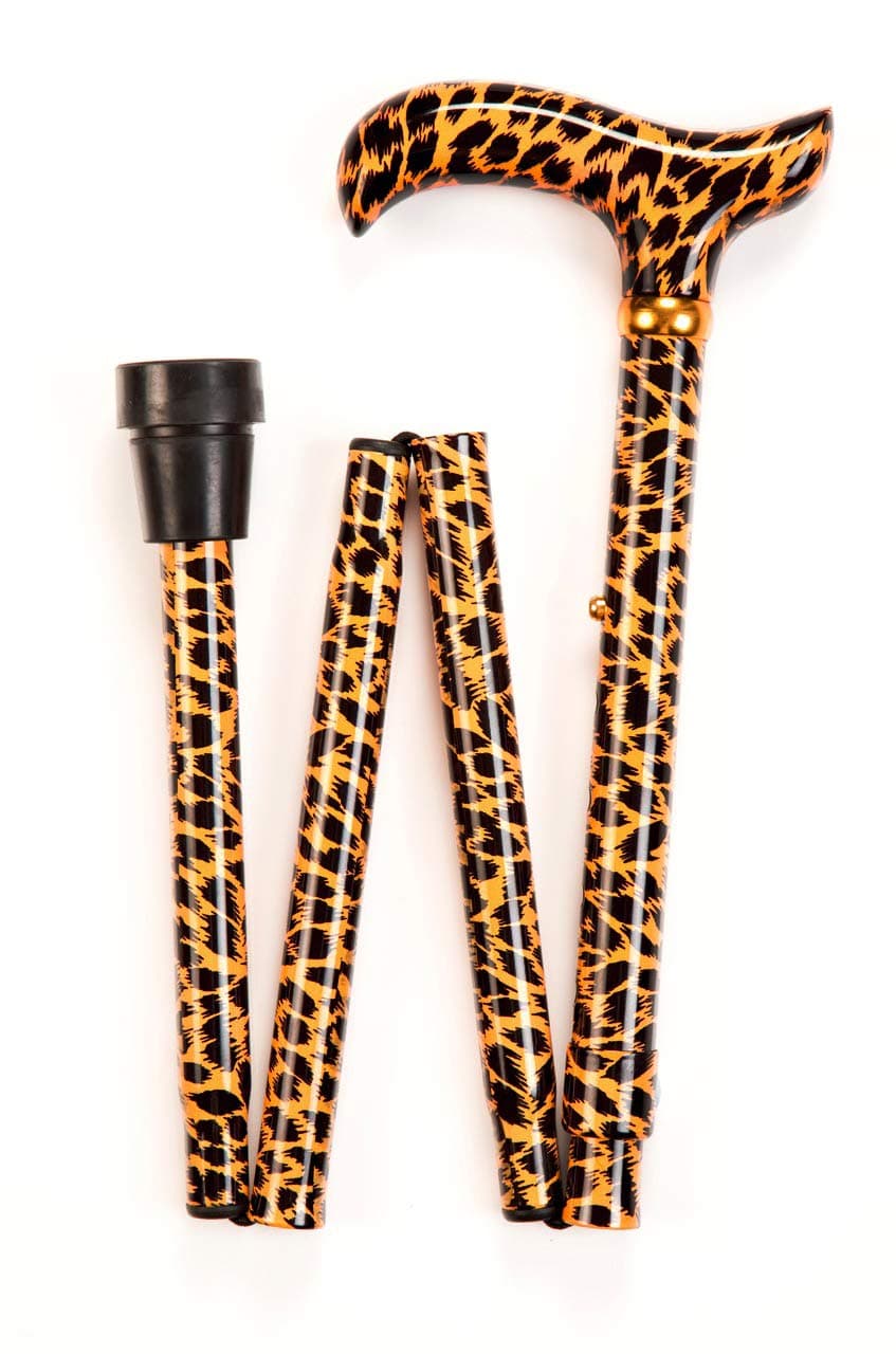 Leopard Print Ladies Folding Adjustable Walking Stick with a Leopard Patterned Handle (33-36.5")