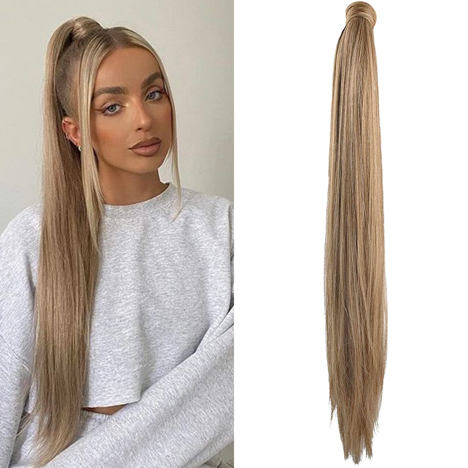 SEIKEA 28 Inch Clip in Ponytail Extension Wrap Around Long Straight Pony Tail Hair Synthetic Hairpiece for Women Color Ash Blonde with Golden Blonde